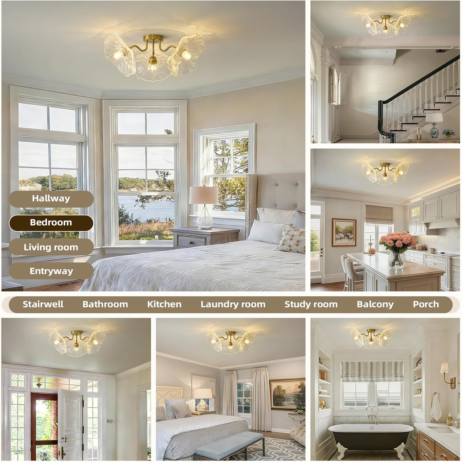 Flower Glass 3 Lights Ceiling Light - Gold Vintage Floral Semi Flush Mount Chandelier Lighting Fixtures - Mid Century Modern Art Deco Lamps for Bedroom Bathroom Hallway Foyer Hall Kitchen Living Room