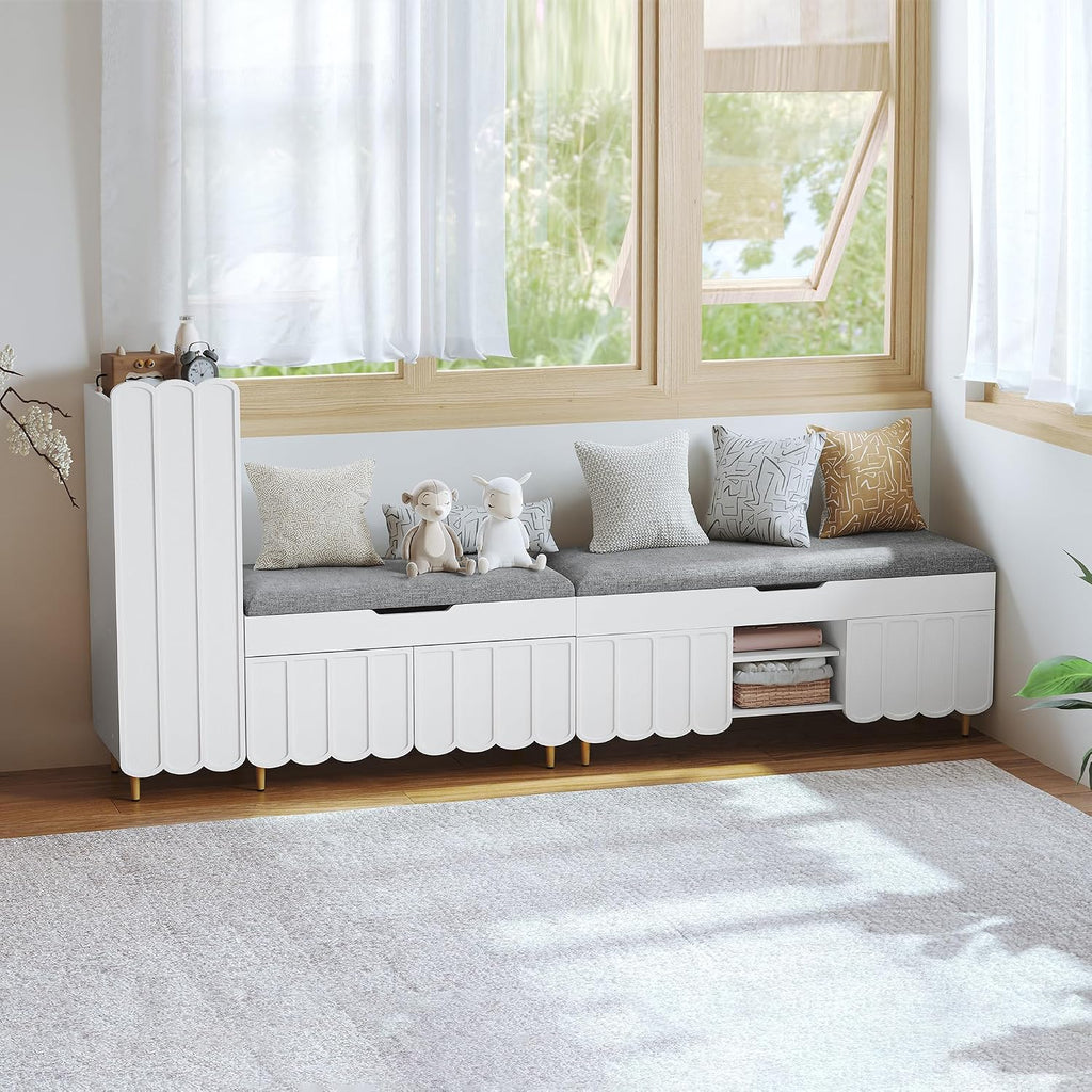 3More 40' Entryway Shoe Storage Bench,Upholstered Hidden Space Beneath Seat Cushion Bench,2-Tier Unique Geometric Shape with Wood Grain,White