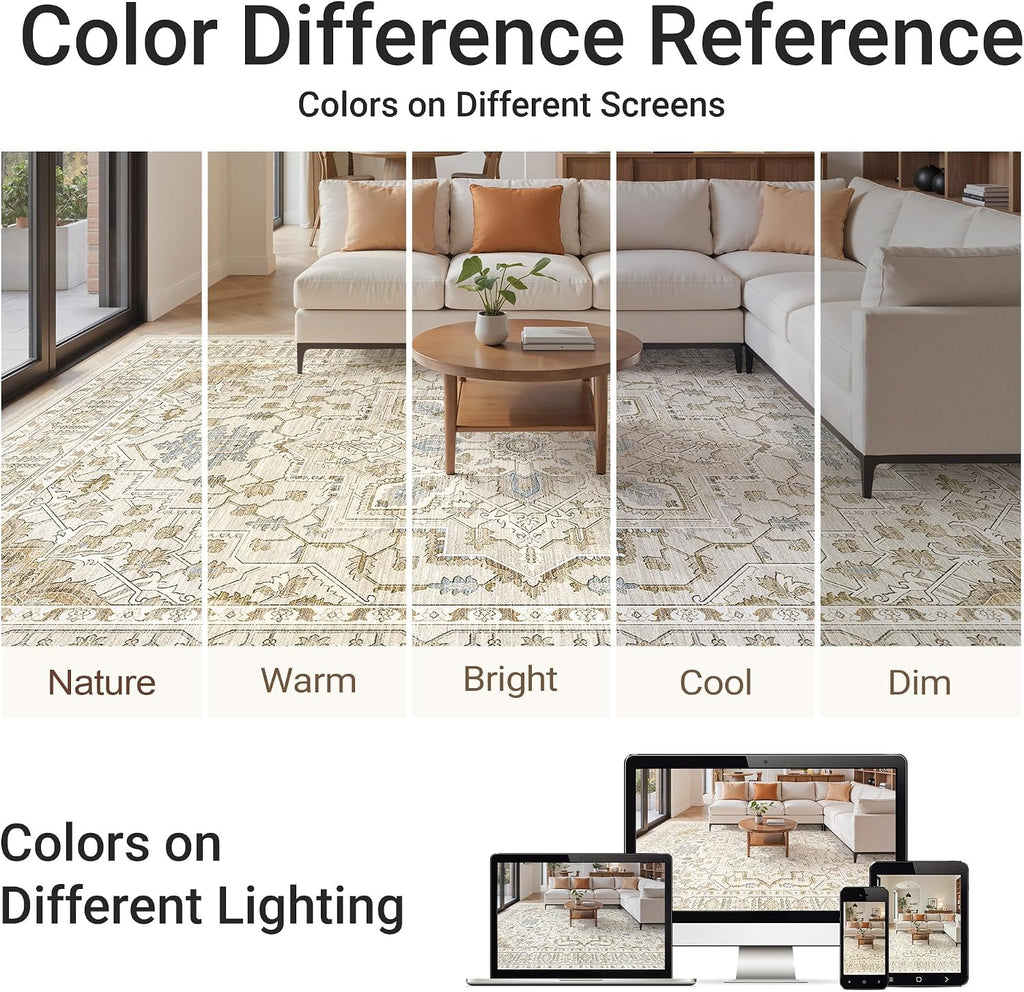 Area Rugs for Living Room - 9x12, Boho Non-Slip Low Pile Carpet Machine Washable Rugs for Bedroom Office, Dining Room (Beige)