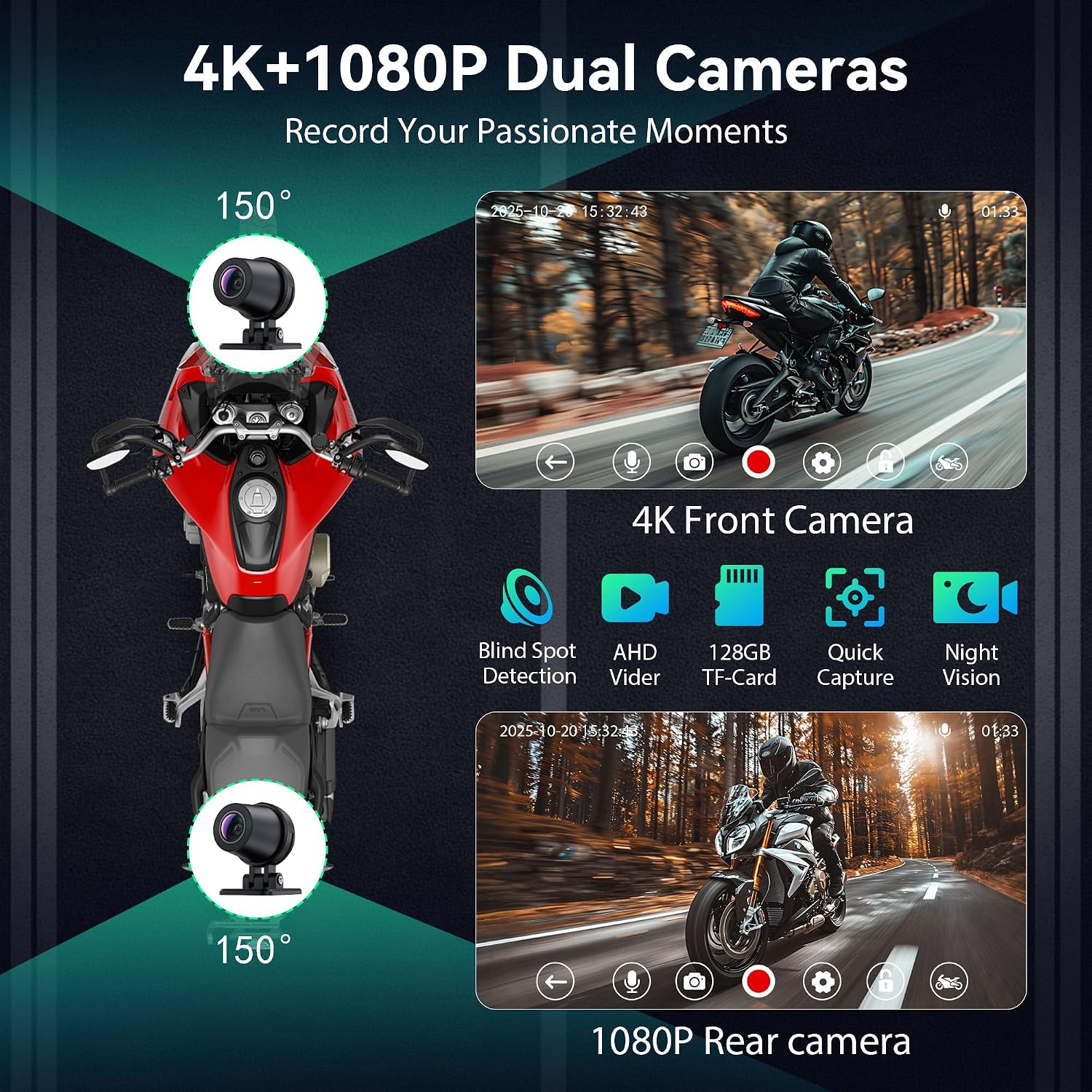 Wireless Motorcycle Apple Carplay & Android Auto,7 Inch Touchscreen with AHD Dual Cam,Siri & Google Assistant, Looping Recording/BSD/Bluetooth 5.2/ GPS/Remote Control/TMPS /IP69K Waterproof /128GB