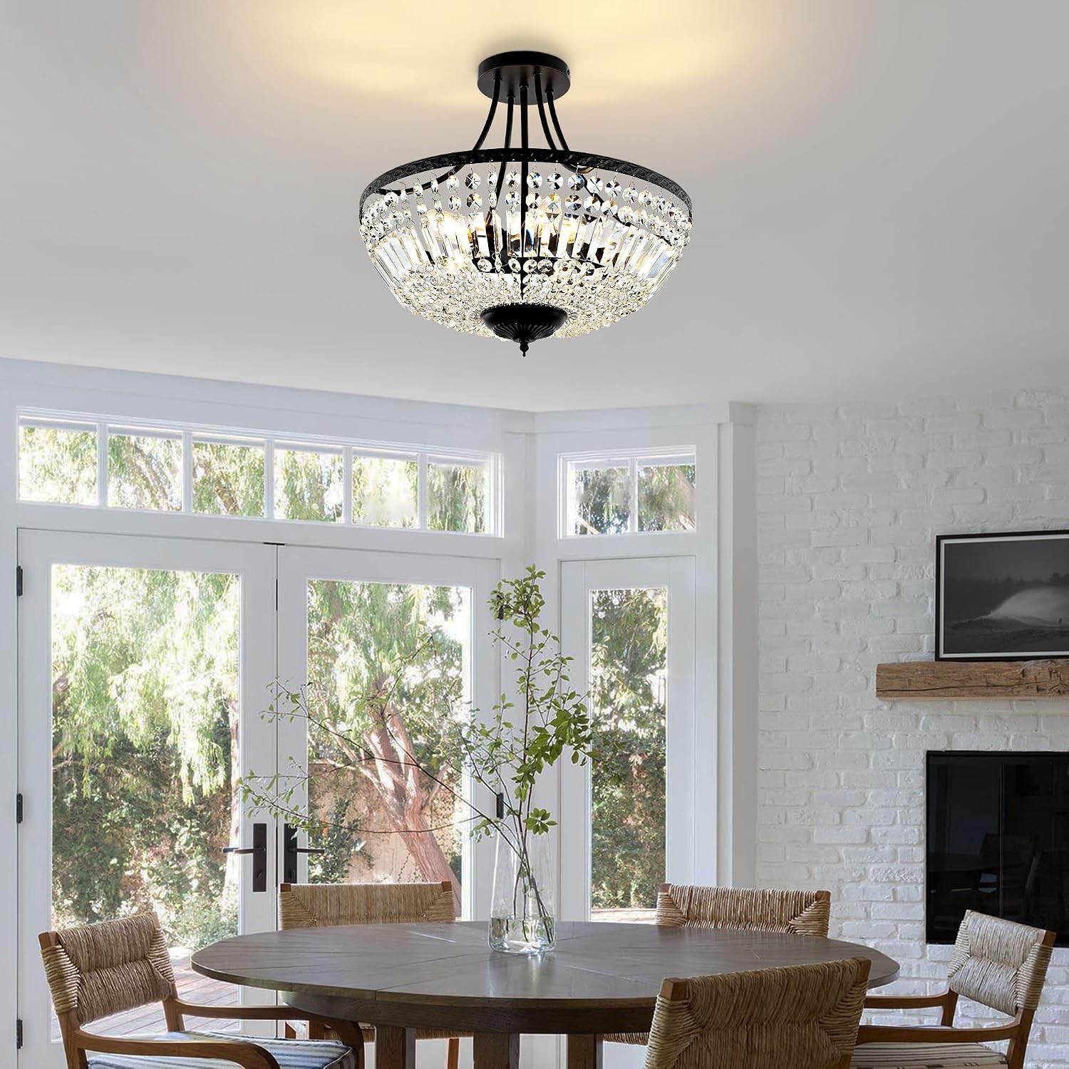 WINGBO 19.5 Inch Crystal Ceiling Light Fixture, 5-Light Raindrop Semi Flush Mount Chandelier, Modern Round Close to Ceiling Hanging Light for Living Room Dining Room Bedroom Hallway, Black