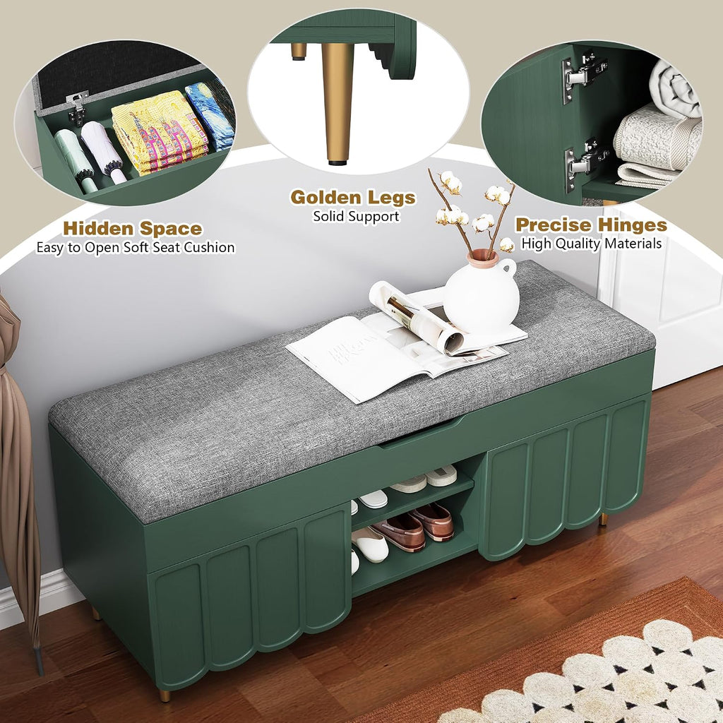 3More 40' Entryway Shoe Storage Bench,Upholstered Hidden Space Beneath Seat Cushion Bench,2-Tier Unique Geometric Shape with Wood Grain,Green