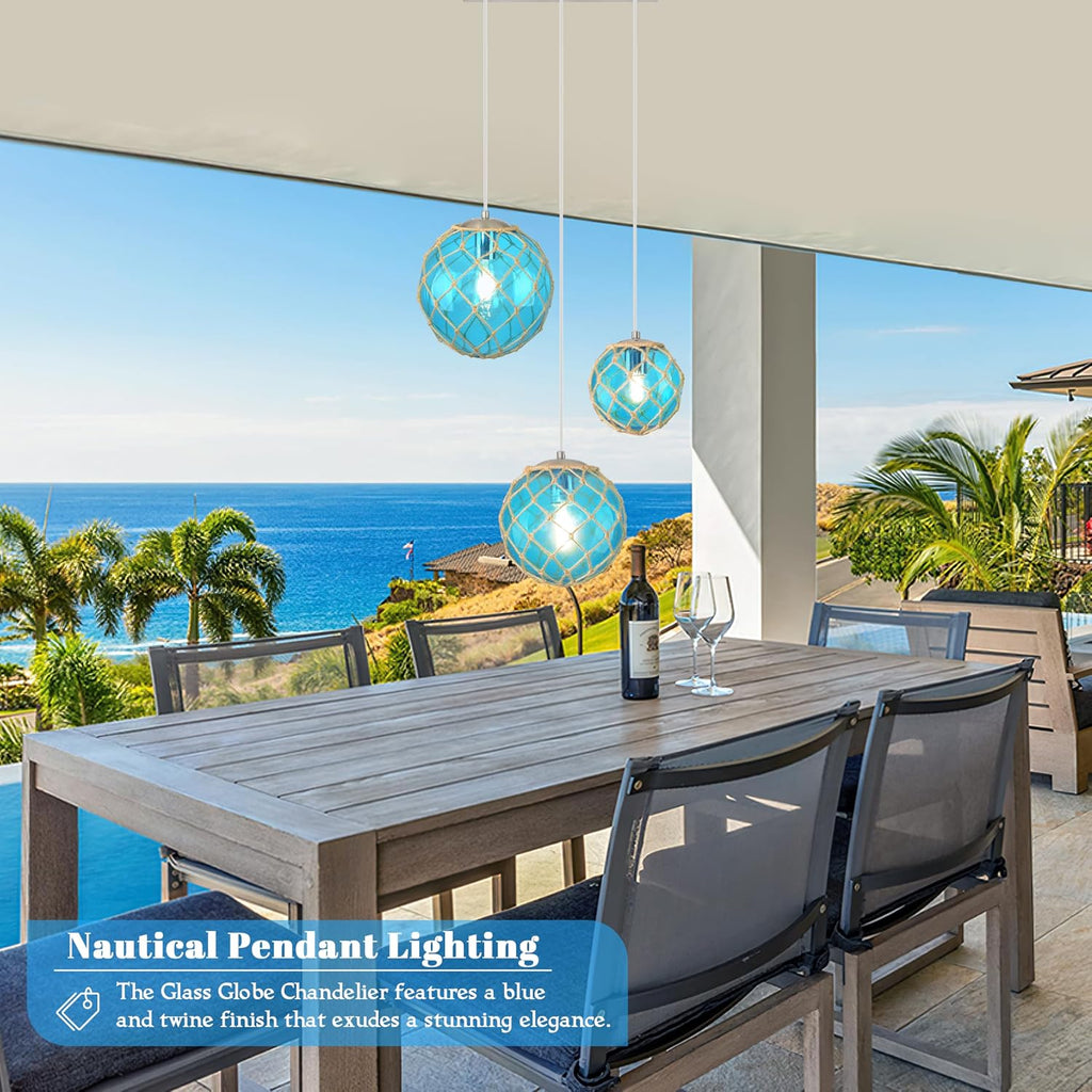 3-Light Blue Coastal Pendant Light Kitchen Island 3 Globe Glass Ocean Chandelier Beach House Boho Chandelier Hanging for Dining Room Living Room Bedroom Foyer (Bulb Incl.)