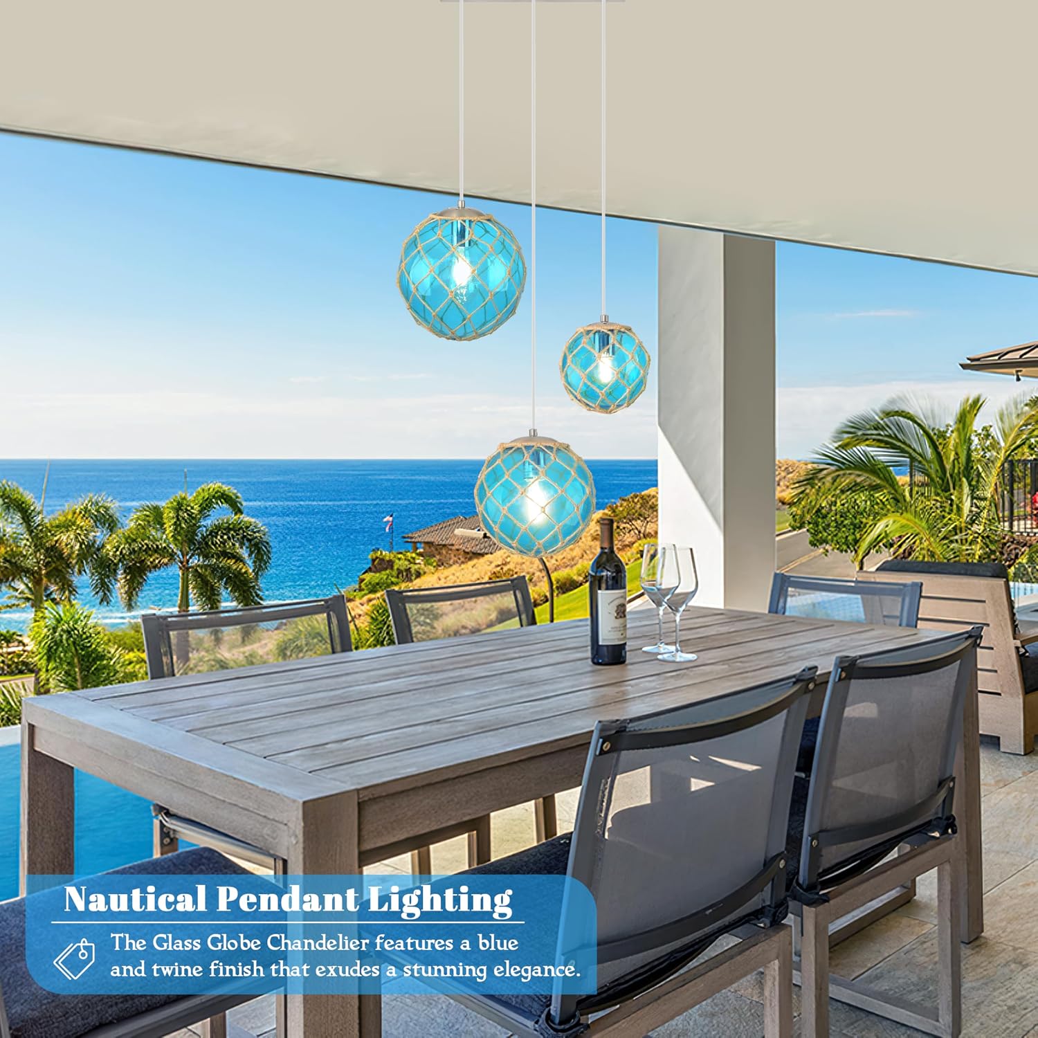 3-Light Blue Coastal Pendant Light Kitchen Island 3 Globe Glass Ocean Chandelier Beach House Boho Chandelier Hanging for Dining Room Living Room Bedroom Foyer (Bulb Incl.)