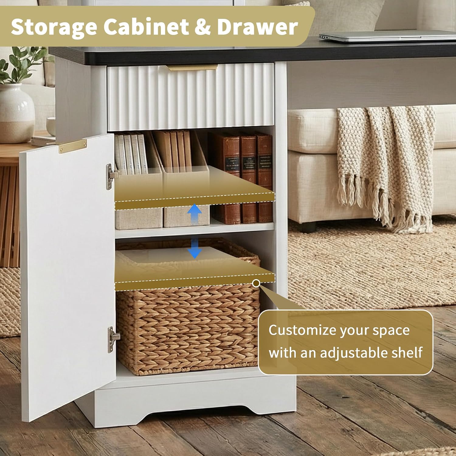 RiteSune L-Shaped Fluted Office Desk with USB Charging Station, Removable Monitor Stand, File Drawer & Adjustable Storage Cabinet, Modern Corner Computer Desk