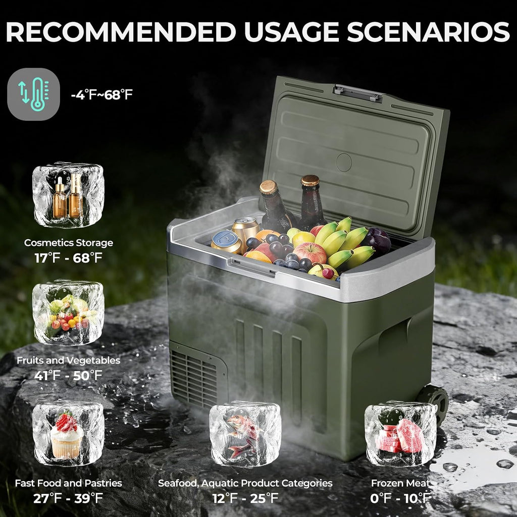 Electactic 12V Portable Refrigerator, 42 Quart(40L) Electric Cooler for Car Dual-Voltage 12V/24V DC Car Fridge, -4°F to 68°F Portable Freezer With Wheels, Truck, RV, Camping, Home, Road Trips，Green