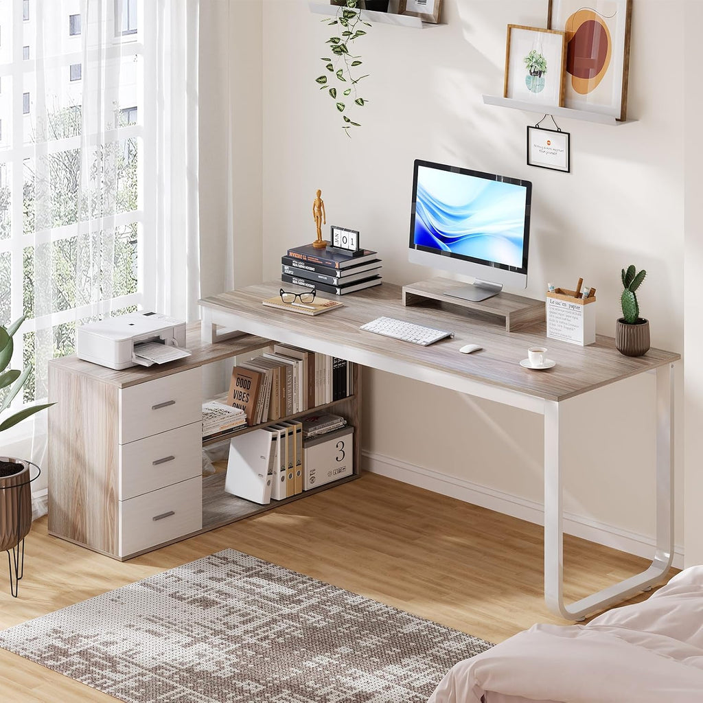 HOMBCK L Shaped Desk with Drawers and Shelves, 55' Office Desk with Storage, Removable Monitor Stand, Reversible L Shaped Desk, Corner Desk for Bedroom,Home Office, White & Walnut