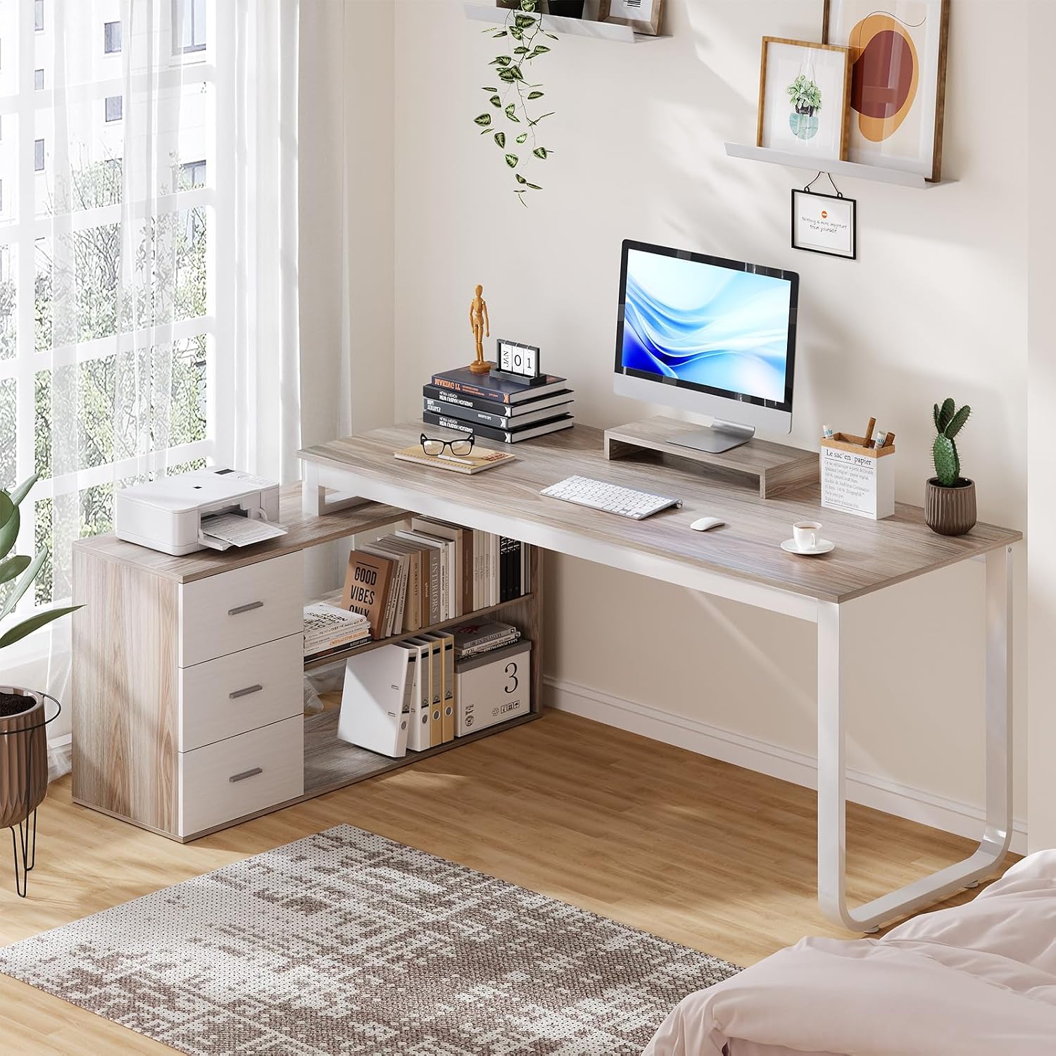 HOMBCK L Shaped Desk with Drawers and Shelves, 55' Office Desk with Storage, Removable Monitor Stand, Reversible L Shaped Desk, Corner Desk for Bedroom,Home Office, White & Walnut