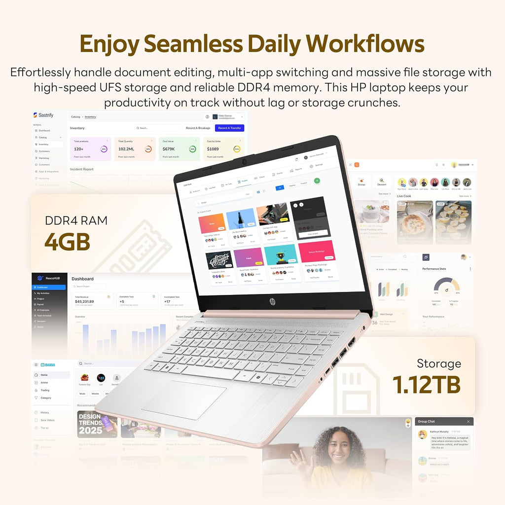 HP Stream 14' HD Student&Business Laptop with AI Copilot, Intel Processor N150, 4GB RAM, 1.12TB Storage (128GB UFS + 1TB Docking Station), 1 Year Office 365, Intel Graphics, Win 11, Pale Rose Gold