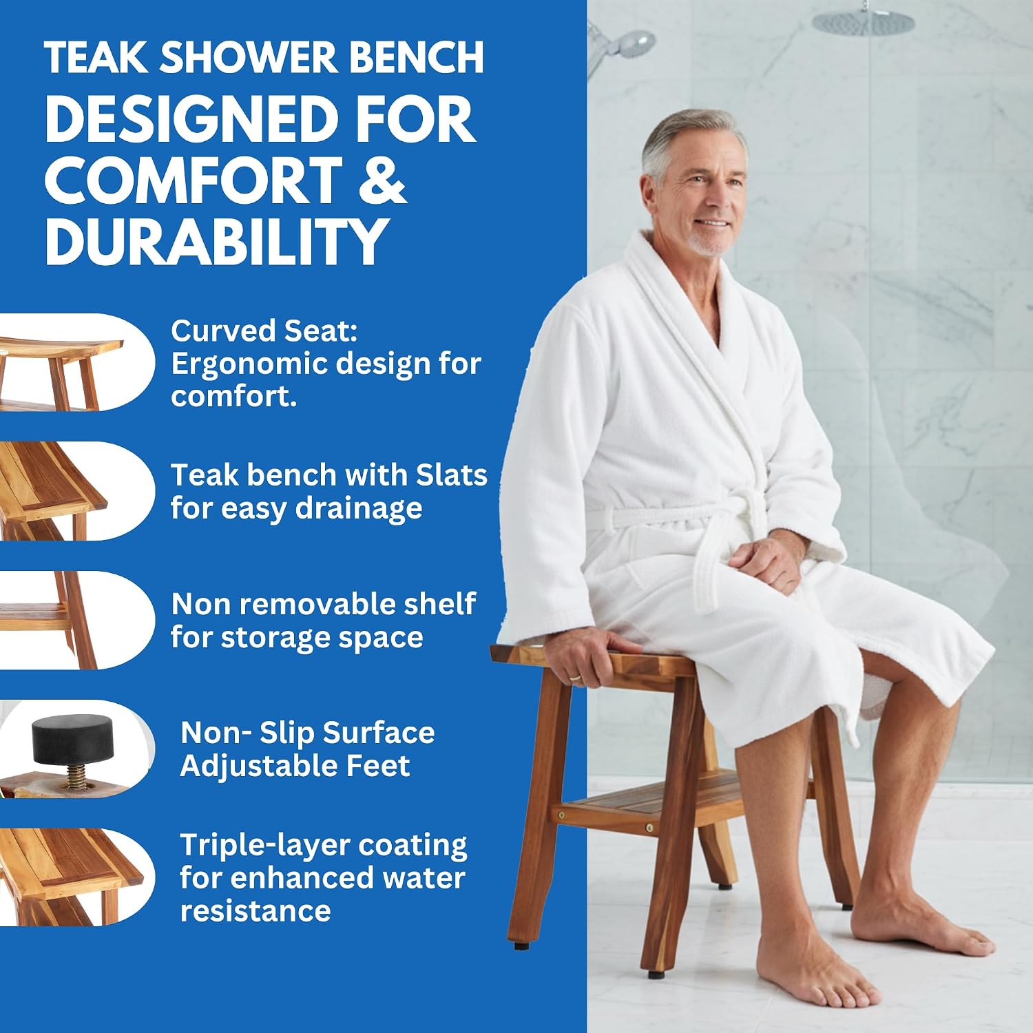 EcoDecors, 24 inch, Brown, Teak Shower Bench, Teak Bench Shower, Teak Shower Bench for Inside Shower, Teak Bathroom Bench, Teak Wood Shower Bench