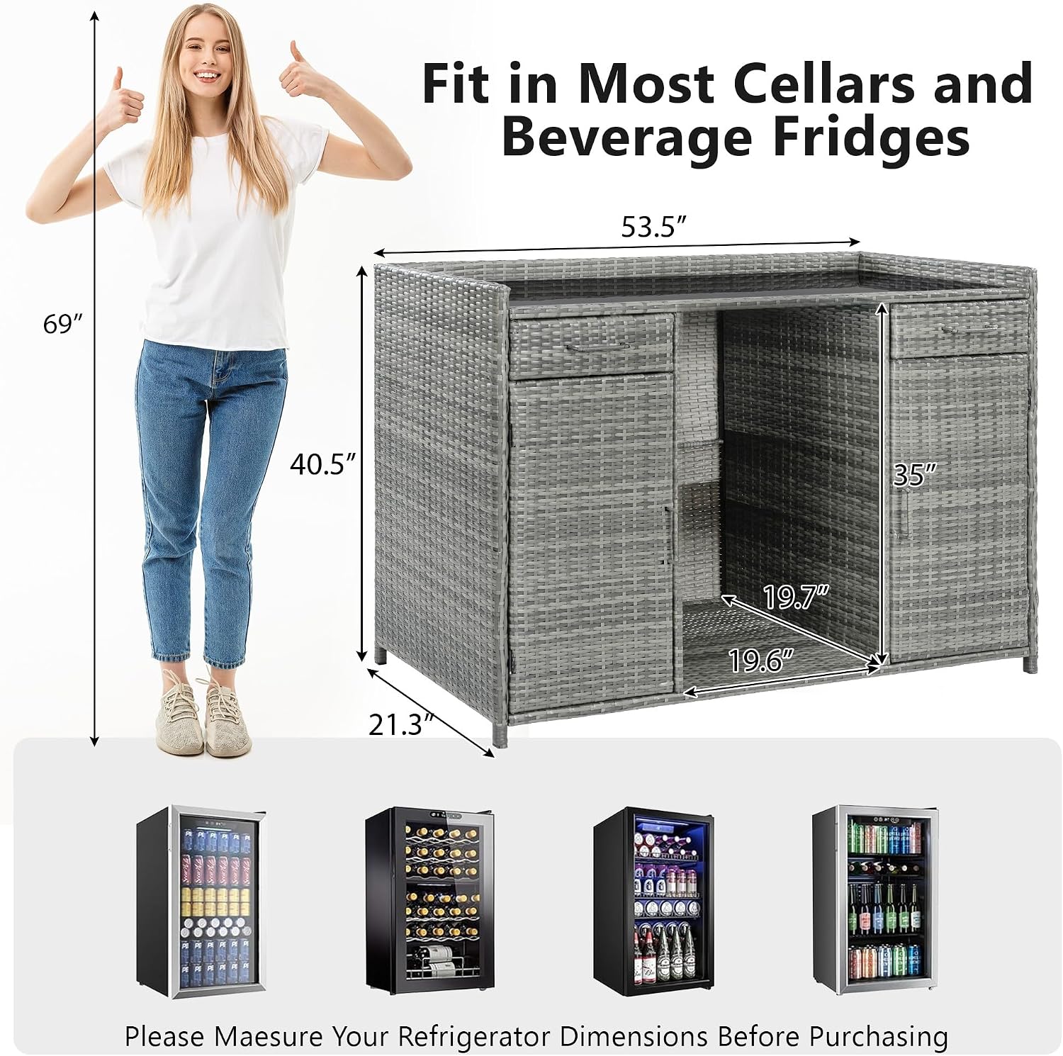 53.5' W Outdoor Wicker Storage Cabinet with Fridge Space, Weatherproof Patio Mini Fridge Bar Cabinet with Adjustable Shelves & Drawers for Outdoor Pool, Towel Storage, Garden, Kitchen, Grey