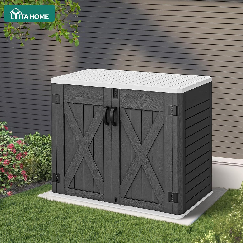 YITAHOME Outdoor Horizontal Storage Shed with X-Shaped Lockable Door, 35 Cu Ft All-Weather Resin Tool Shed w/o Shelf, Ideal for Bike, Trash Cans, Garden Tools, Lawn Mowers, Dark Gray