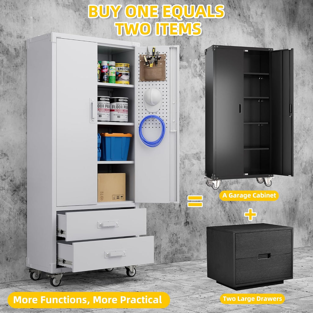 Reemoon Garage Storage Cabinet with 2 Drawers and Pegboard, Metal Storage Cabinet with 2 Lockable Doors for Garage Home Warehouse,Required Assembly,White,71.2' H*15.2' D*30' W
