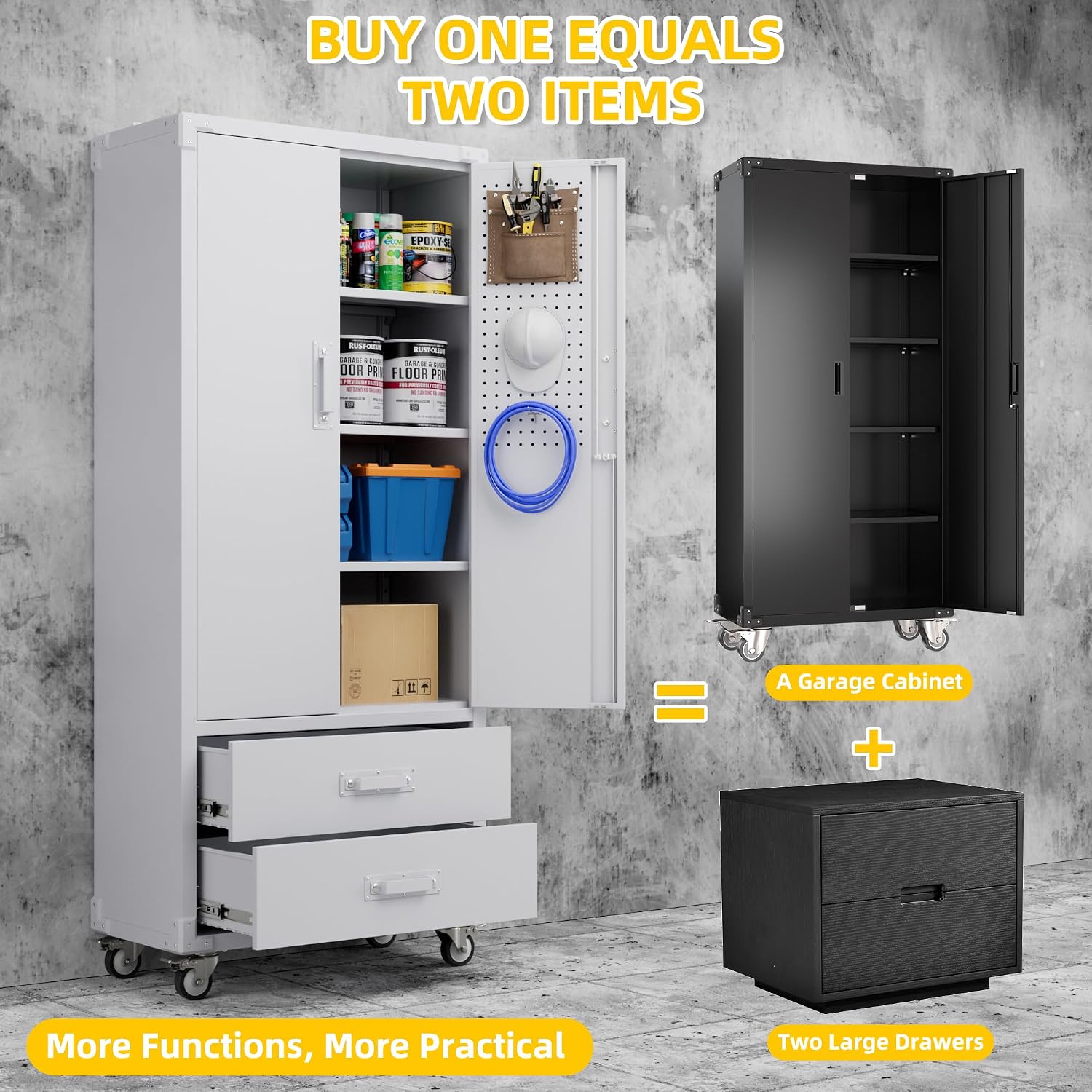 Reemoon Garage Storage Cabinet with 2 Drawers and Pegboard, Metal Storage Cabinet with 2 Lockable Doors for Garage Home Warehouse,Required Assembly,White,71.2' H*15.2' D*30' W