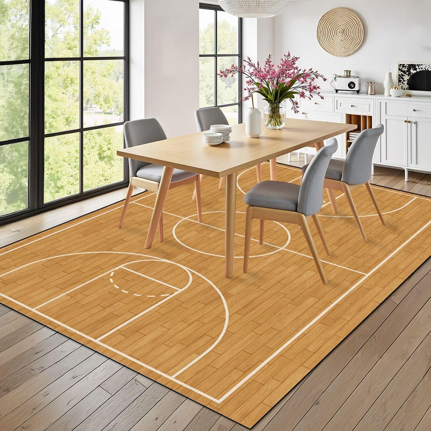 8x10 Area Rugs for Bedroom Boho Washable Rug for Living Room Basketball Court Wooden Flooring White Lines Carpet for Dining Room Soft Rubber Backed Non-Slip Carpets for Bedroom Office