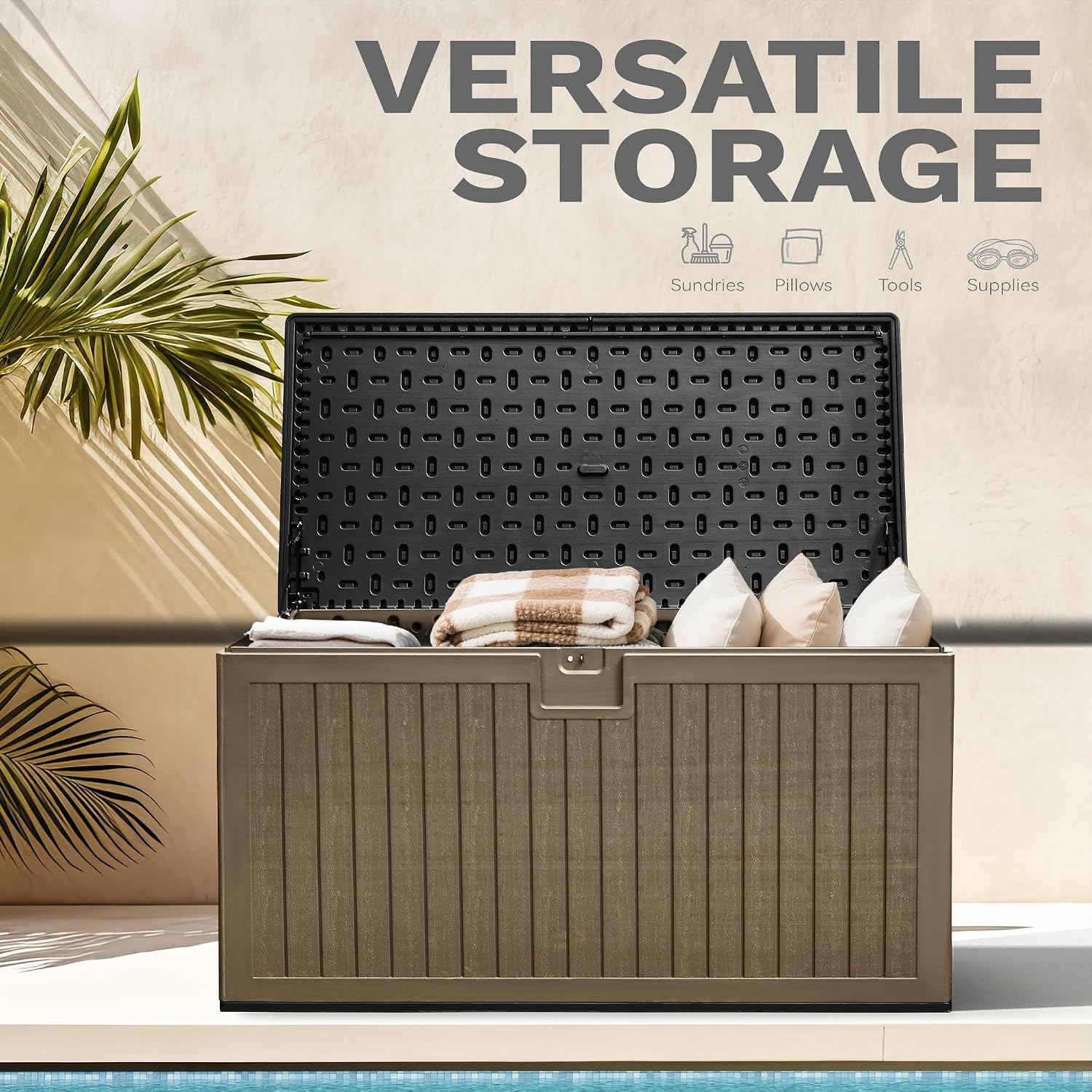 DWVO 260 Gallon Double-Wall Deck Box with Divider, XXL Extra Large Resin Outdoor Storage Box, Lockable & Waterproof, Double as Seating, 1000lbs Capacity (Black&Brown)