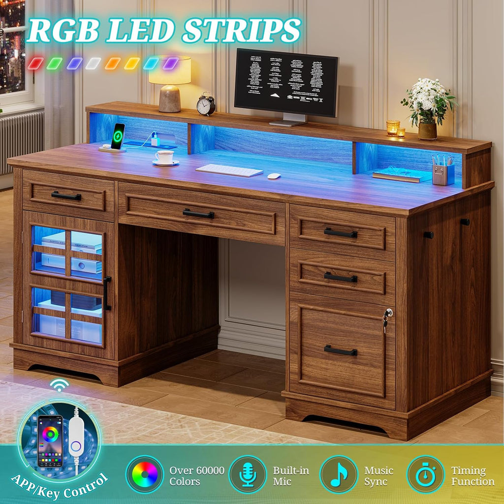 UPOSOJA 60'' Farmhouse Executive Desk with Drawers, Home Office Desk with Power Outlet & LED Light, Wood Computer Desk with Monitor Stand, Locking File Drawer, Glass Storage Cabinet, Hooks