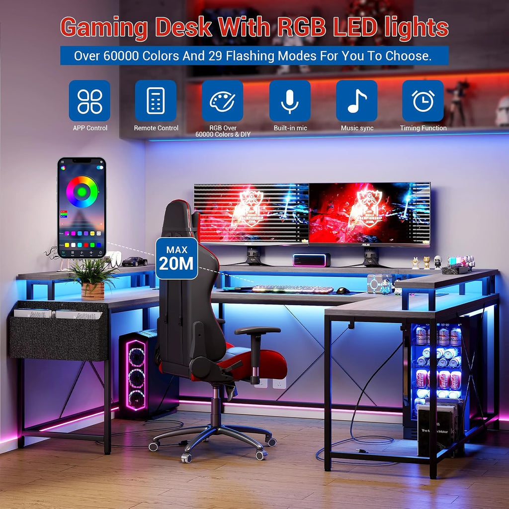 79 Inch u Shaped Desk with Power Outlets, LED Strip & Monitor Stand, Large Corner Computer Desk with Monitor Stand & with Storage Shelves for Home Office