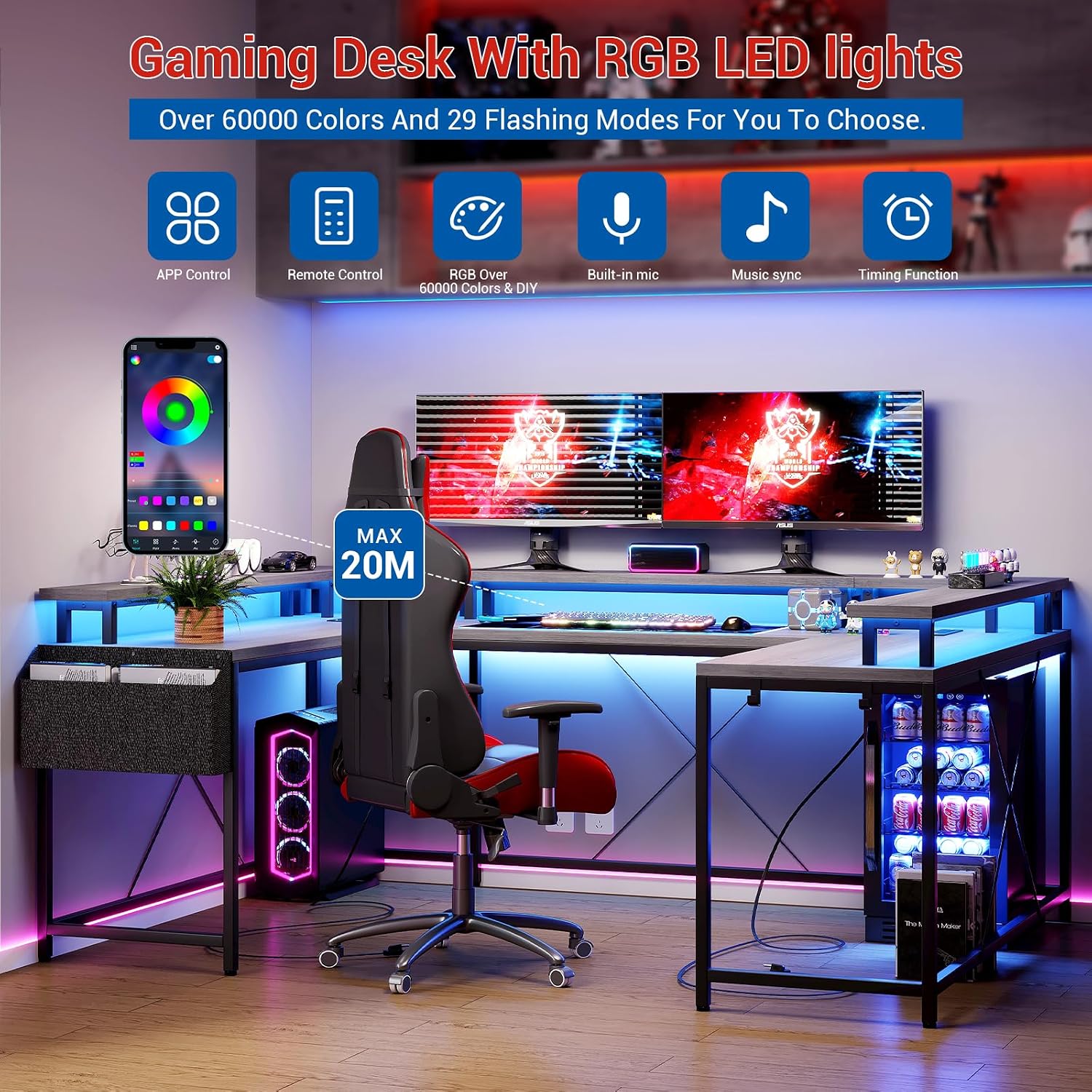 79 Inch u Shaped Desk with Power Outlets, LED Strip & Monitor Stand, Large Corner Computer Desk with Monitor Stand & with Storage Shelves for Home Office