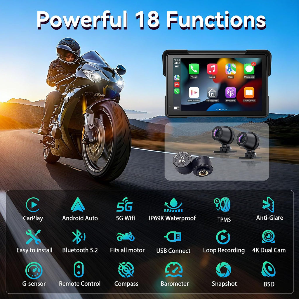 Wireless Motorcycle Apple Carplay & Android Auto,7 Inch Touchscreen with AHD Dual Cam,Siri & Google Assistant, Looping Recording/BSD/Bluetooth 5.2/ GPS/Remote Control/TMPS /IP69K Waterproof /128GB
