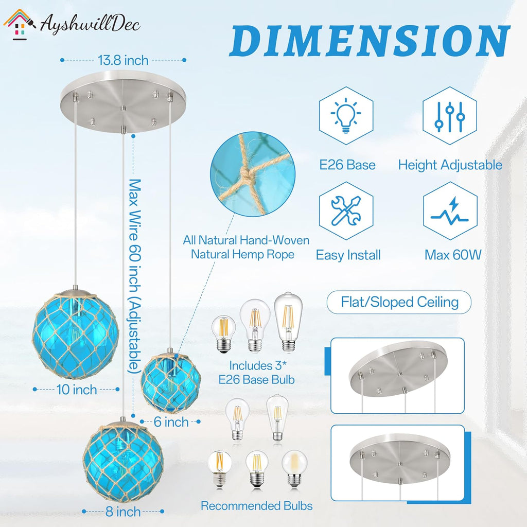 3-Light Blue Coastal Pendant Light Kitchen Island 3 Globe Glass Ocean Chandelier Beach House Boho Chandelier Hanging for Dining Room Living Room Bedroom Foyer (Bulb Incl.)