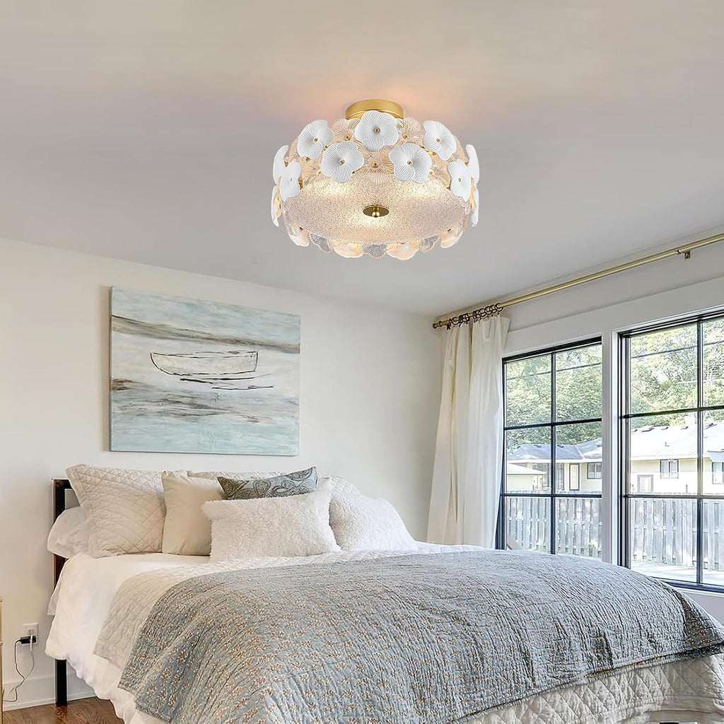 16' Gold Flower Ceiling Light, Glass Semi Flush Mount Ceiling Light, 3-Light Modern Drum Chandelier Ceramic Pendant Lighting for Kitchen, Dining Room, Living Room, Bedroom, Closet, Hallway, Entryway