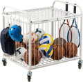 MyGift Large Capacity Metal Rolling Multi Sports Ball Cage Storage Hopper, Gym Equipment Basket Cart with Lockable Latch, Heavy Duty Caster Wheels, and 8 Accessory Hooks