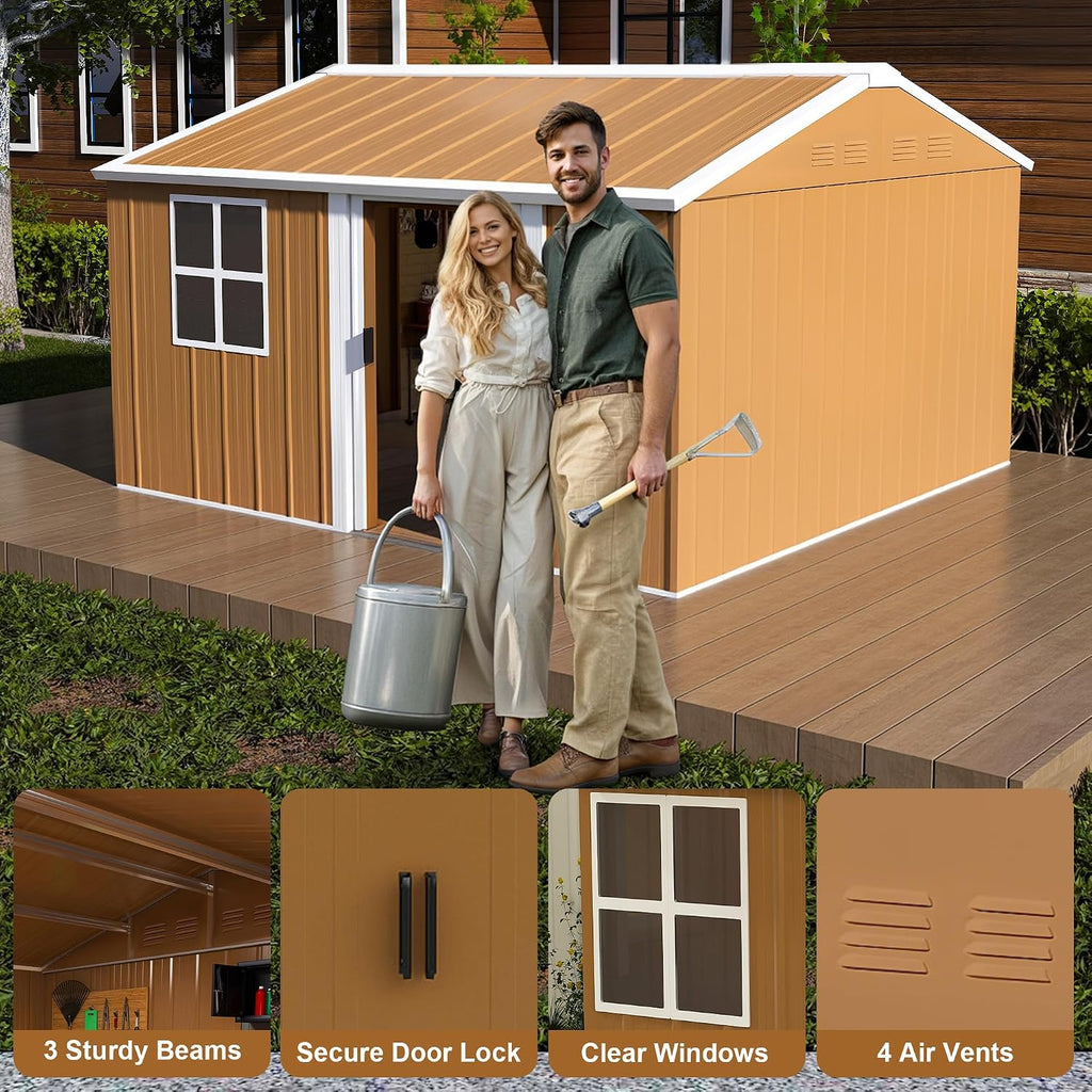 12x10 FT Heavy-Duty Metal Tool Shed with Windows, Lockable Door & Ventilation, Weatherproof Outdoor Garden Storage Shed for Backyard, Lawn, and Tool Organization, Brown