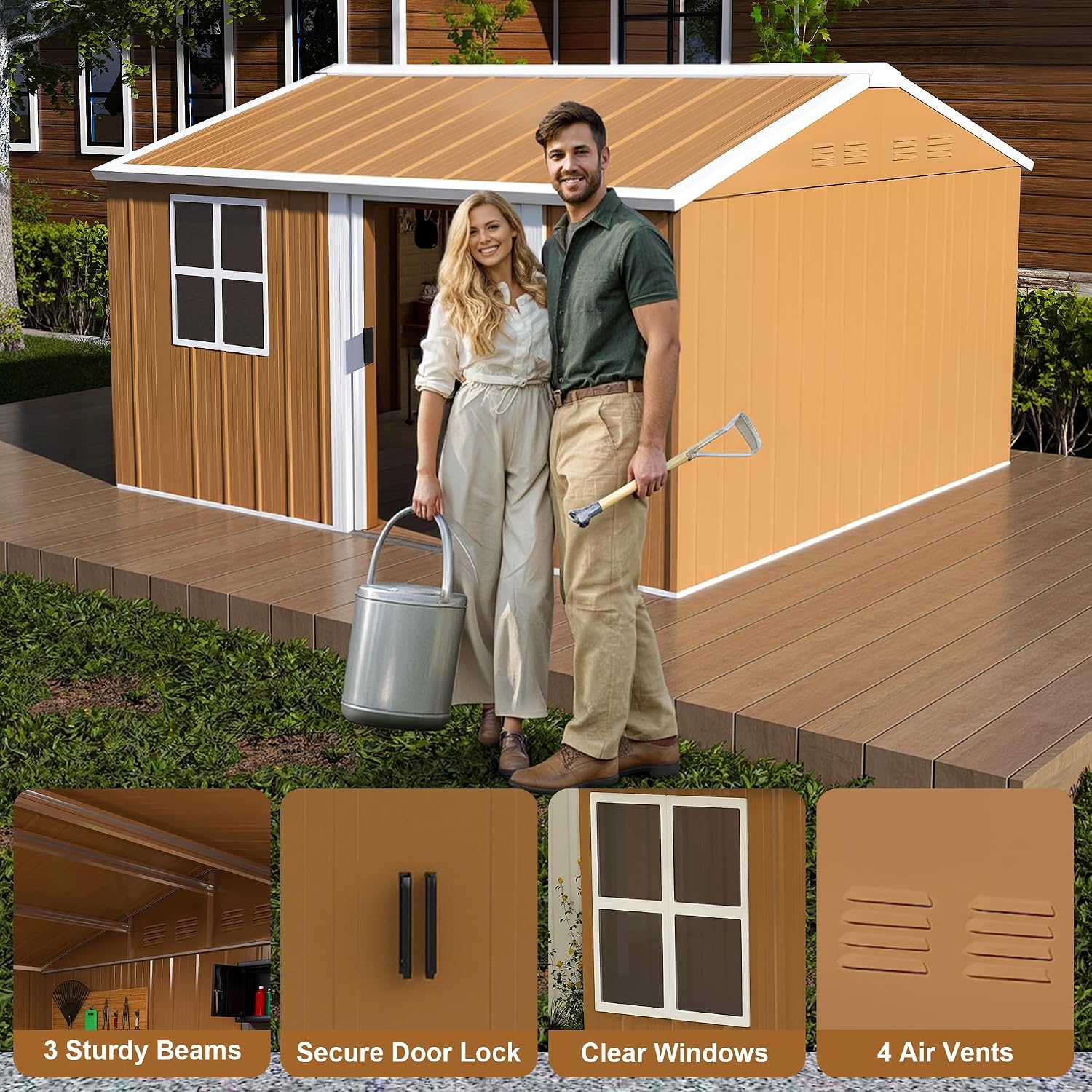 12x10 FT Heavy-Duty Metal Tool Shed with Windows, Lockable Door & Ventilation, Weatherproof Outdoor Garden Storage Shed for Backyard, Lawn, and Tool Organization, Brown