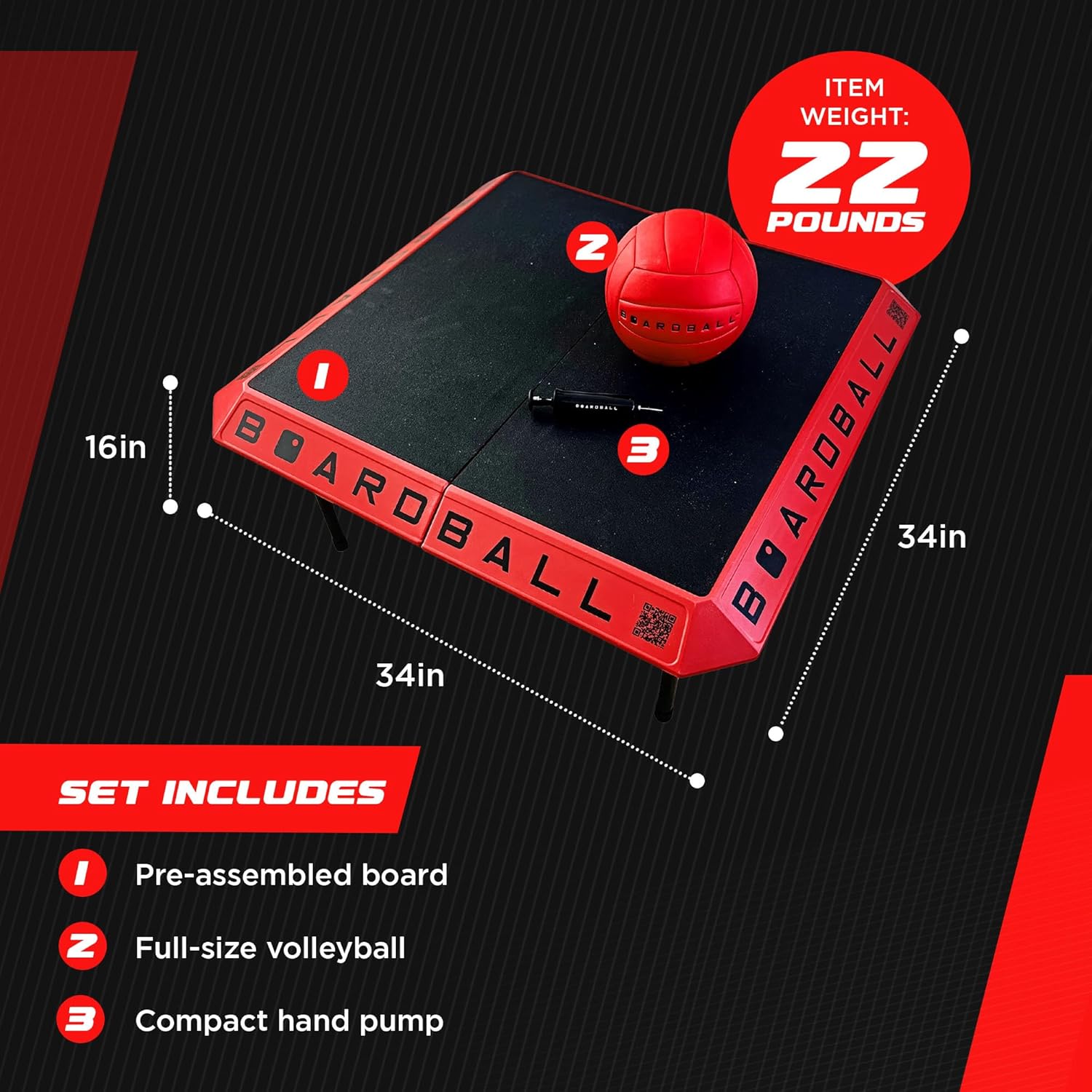 Boardball Sport Portable Volleyball Board Game Set, Indoor & Outdoor Play with Rubber Top Surface Board, Full-Size Ball and Hand Pump, Red/Black