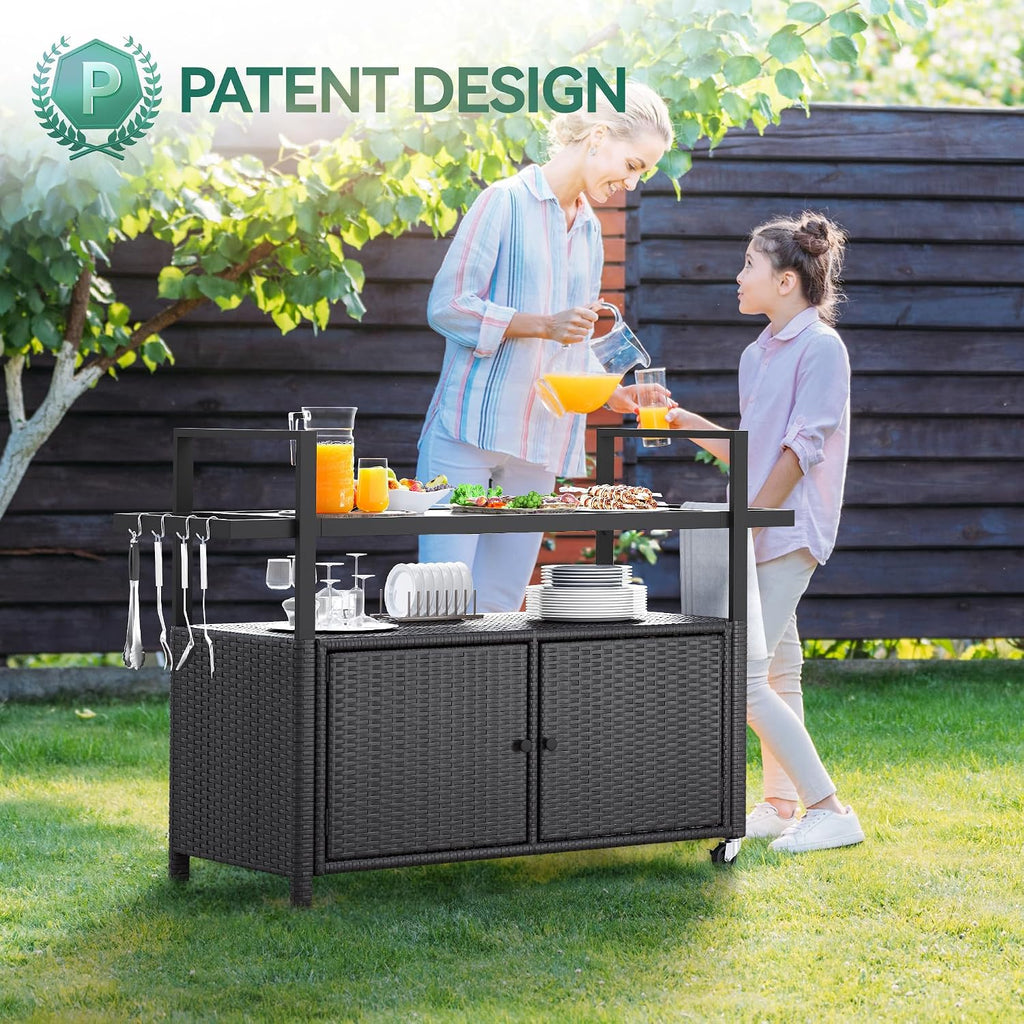 YITAHOME Large Outdoor Kitchen Wicker Island Rolling Cart, Patio Bar Table with Thickened Frame, Patio Storage Cabinet w/Wheels and Black Glass Table Top Backyard and Poolside Dark Brown