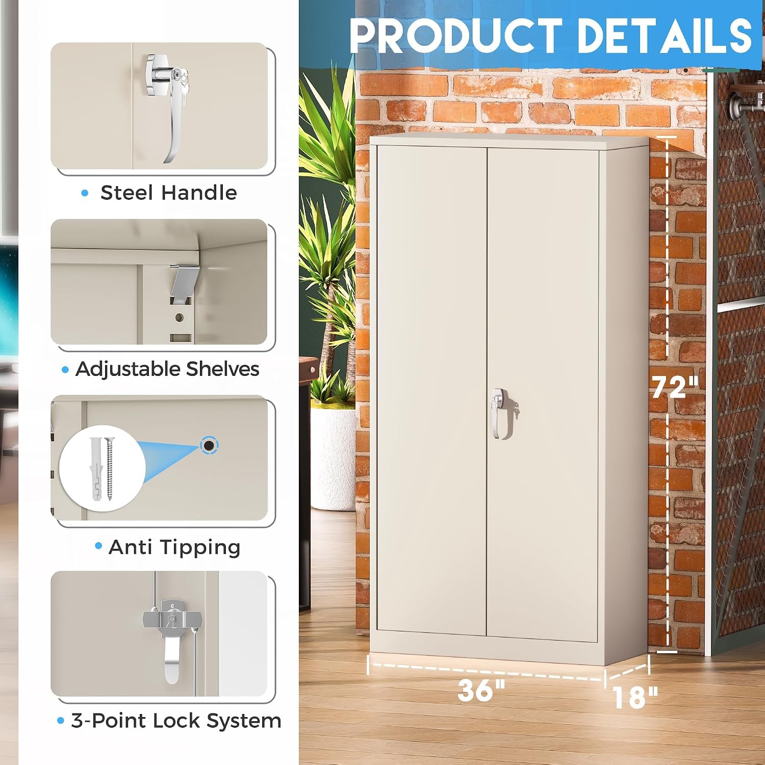 Greenvelly Garage Storage Cabinet,72' Metal Cabinet with 2 Doors and 4 Shelves,Steel File Cabinet for Home Office, Garage, Classroom（Grey 36' X 18'）