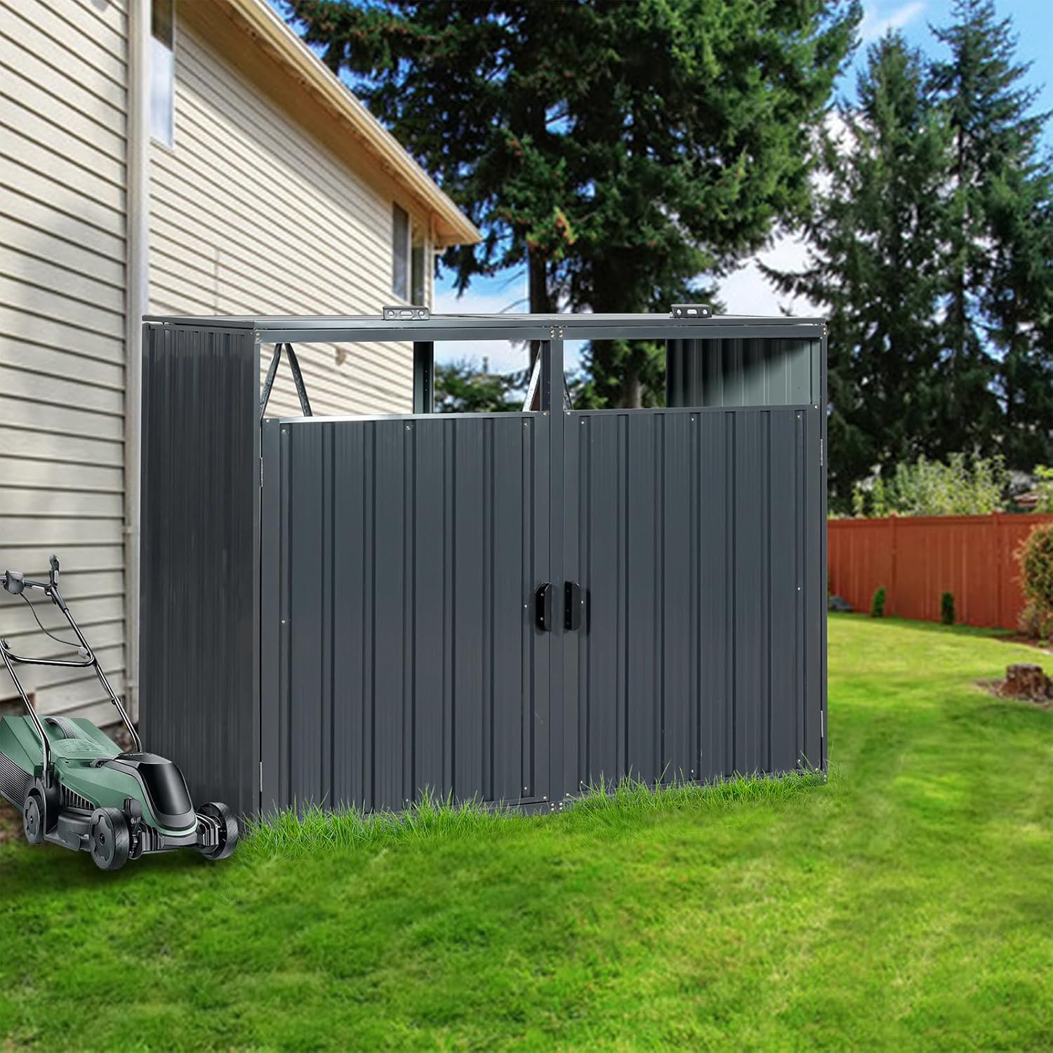 54 Cu.Ft Outdoor Trash Can Storage Shed for 2 Bins, Metal Garbage Bin Enclosure, Waterproof Outdoor Trash Storage Cabinet & Small Generator Shed for Garden & Yard (Black)