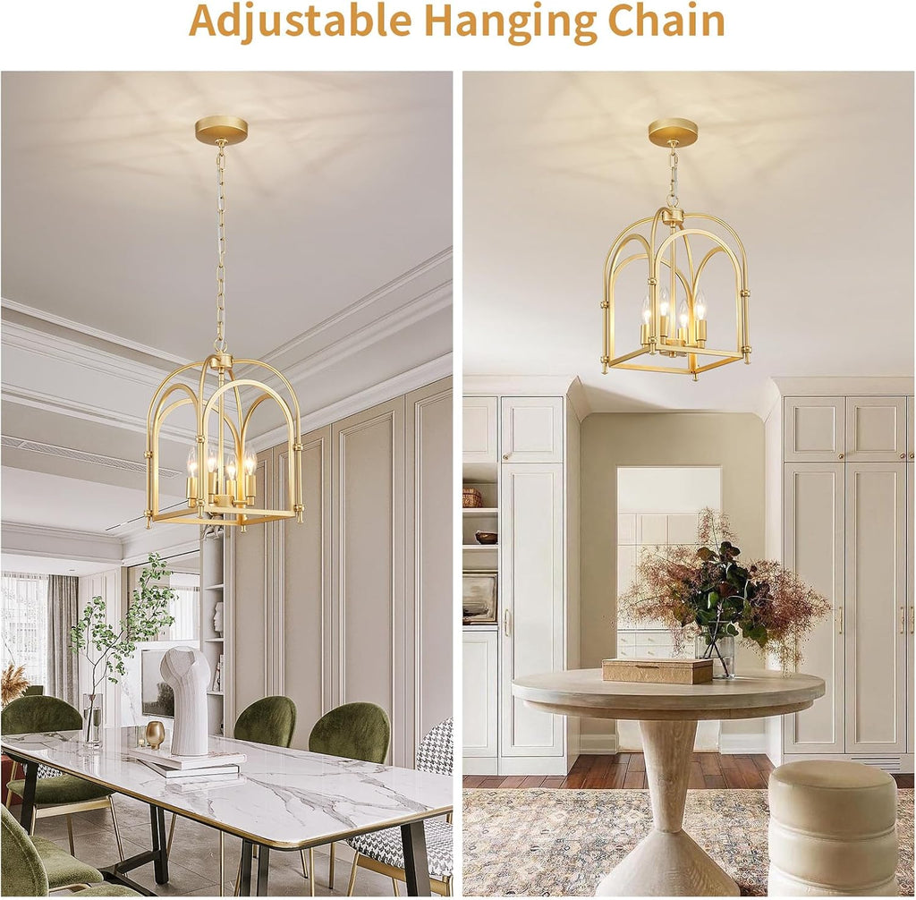 4-Light Gold Chandelier, Modern Farmhouse Lantern Chandelier with Rustic Cage Hanging Pendant Light Fixture for Kitchen Island Bedroom Living Room Entryway Foyer, Dining Room Light Fixtures Over Table