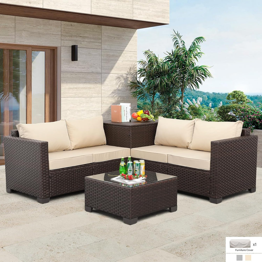 Valita Wicker Patio Furniture Set 4 Pieces Outdoor Sectional Conversation Sofa Set with Storage Box and Glass Table with Cushions and Furniture Covers, Khaki