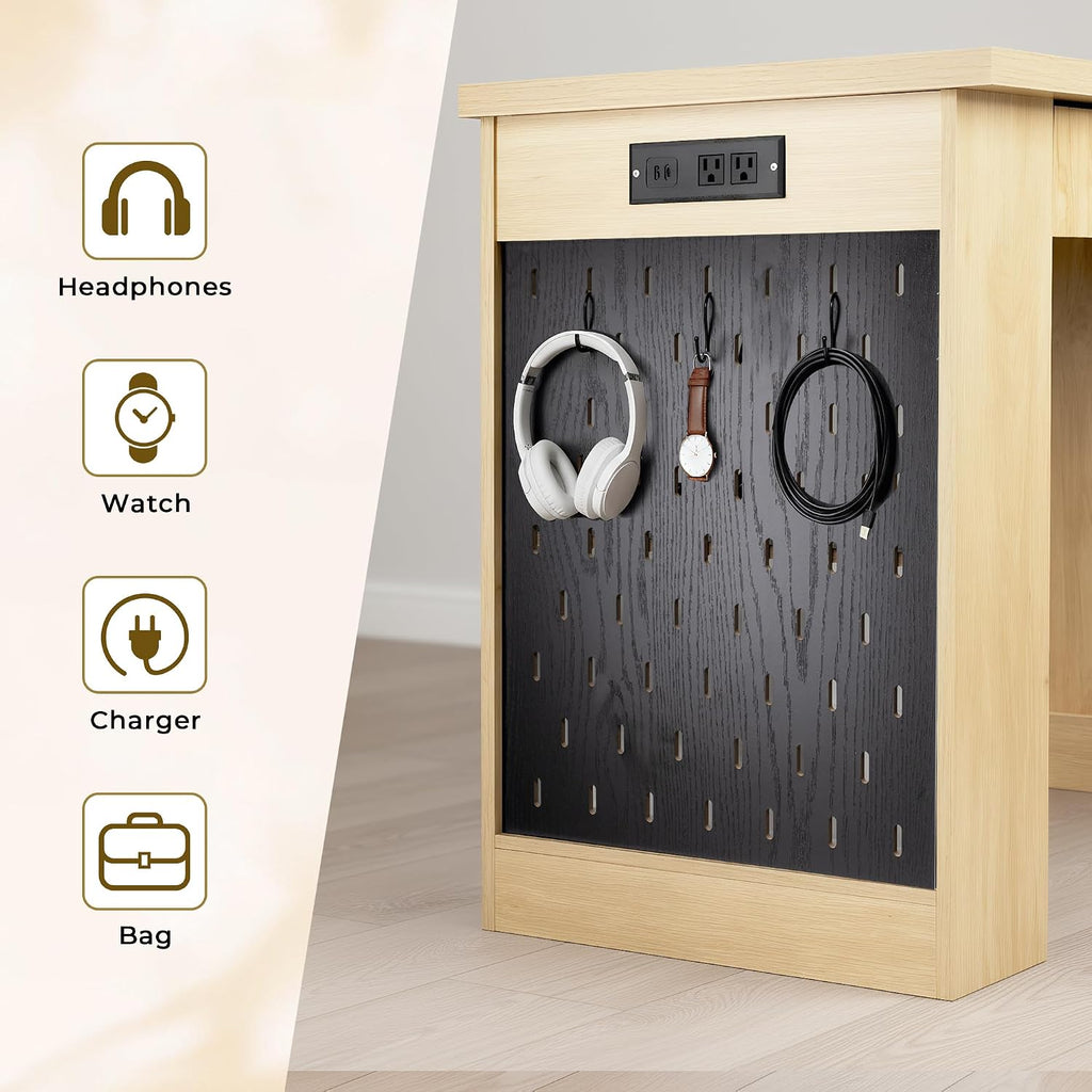 RiteSune 55' Office Desk with USB Charging, Fluted Computer Desk with Pegboard, Convertible Keyboard Tray & Adjustable Storage Cabinet, Modern Home Office Desk