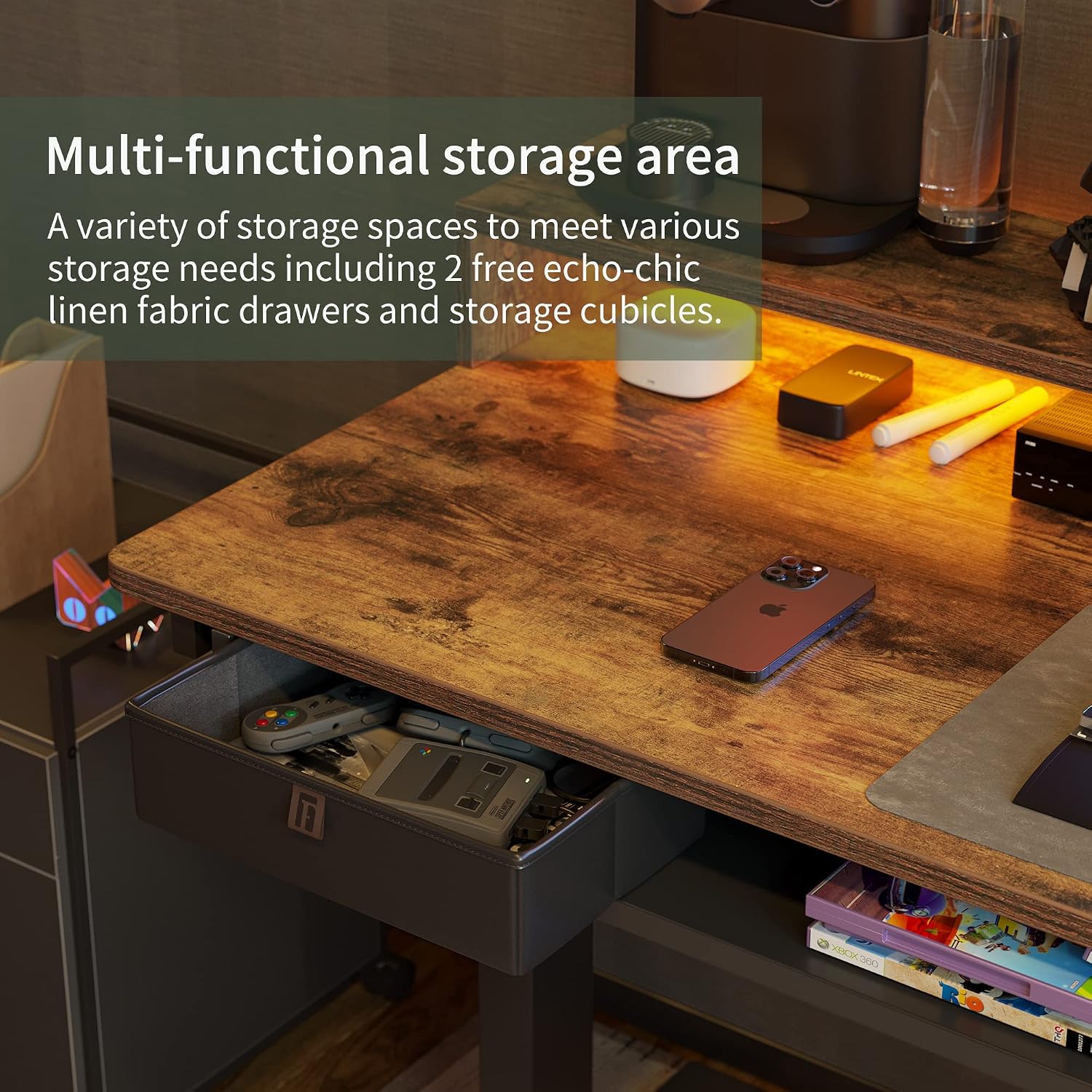 FEZIBO 63'x49' L Shaped Standing Desk with LED Strip & 2 Drawers, Upper and Lower Storage Shelves Available, Electric Height Adjustable, for Gaming, Office, Rustic Brown（2 Packages）