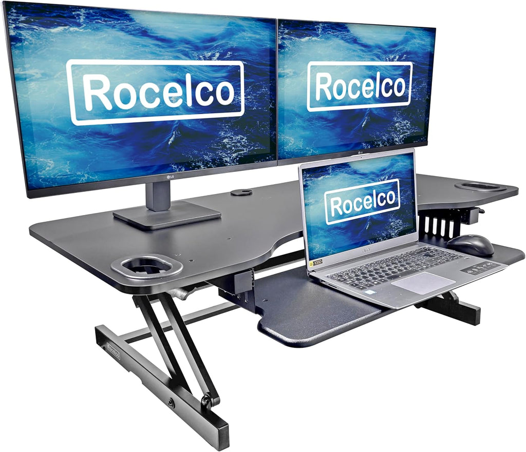 Rocelco 45' Height Adjustable Standing Desk Converter with Anti Fatigue Floor Mat and Slide Out Retractable Keyboard Tray - Sit Stand Up Triple Screen Tabletop Riser - Black (R ADRB-45-MAFM)