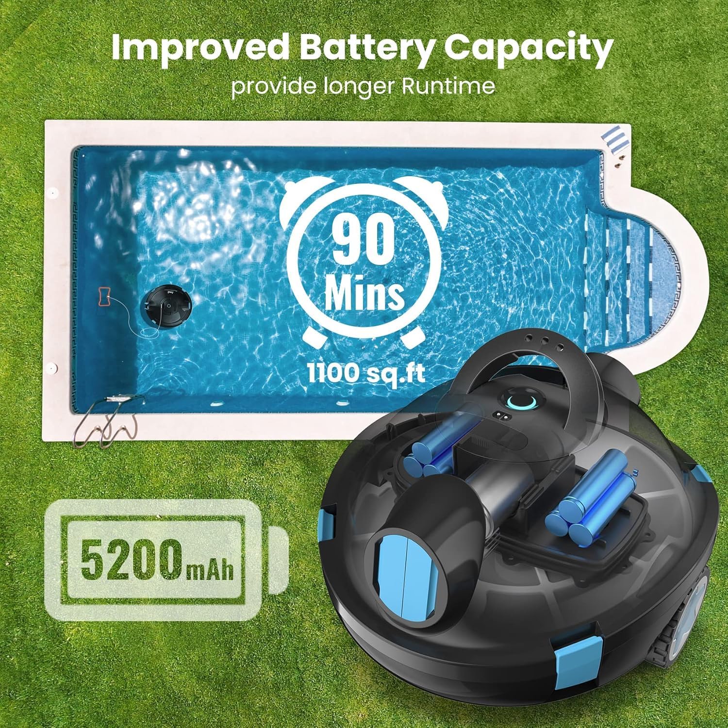 Robotic Pool Cleaner, Extended 90-Min Battery Life 5200mAh Battery, Smart Navigation, Pool Robot Can Thorough Cleaning, Moves at 36 FT/MIN Suitable for Indoor and Outdoor Pools