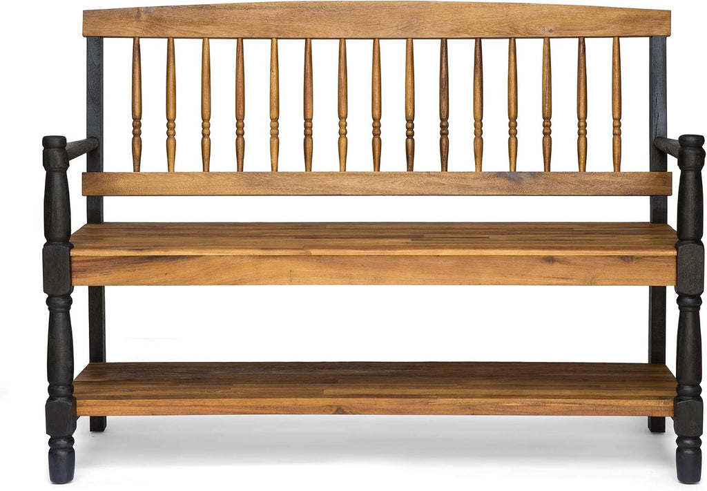 Great Deal Furniture Christopher Knight Home Daphne Outdoor Acacia Wood Bench with Shelf, Teak and Black Finish