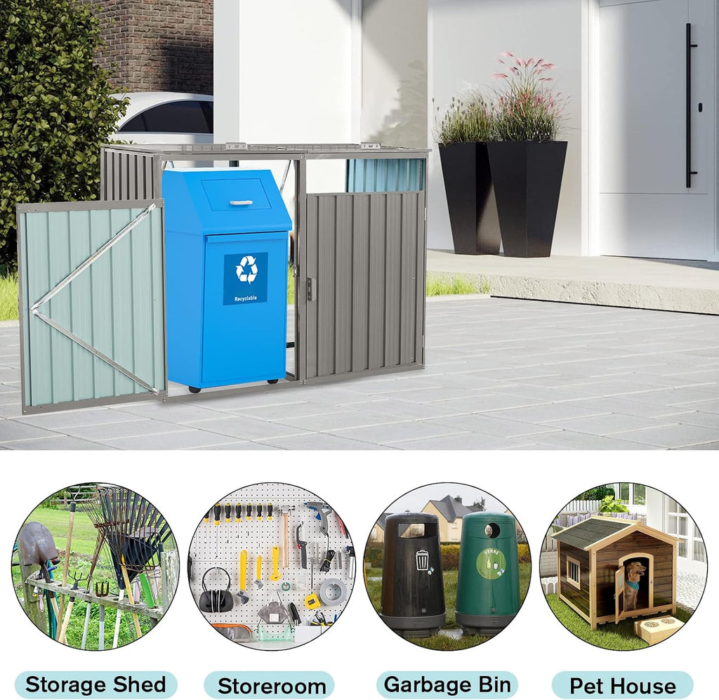 Outdoor Trash Can Storage Shed, Metal Trash Can Enclosure for 2 Trash Cans, Garbage Can Holders for Outside, Garbage Bin Storage Shed for Garden Yard Lawn (5.3 FT, Light Gray)