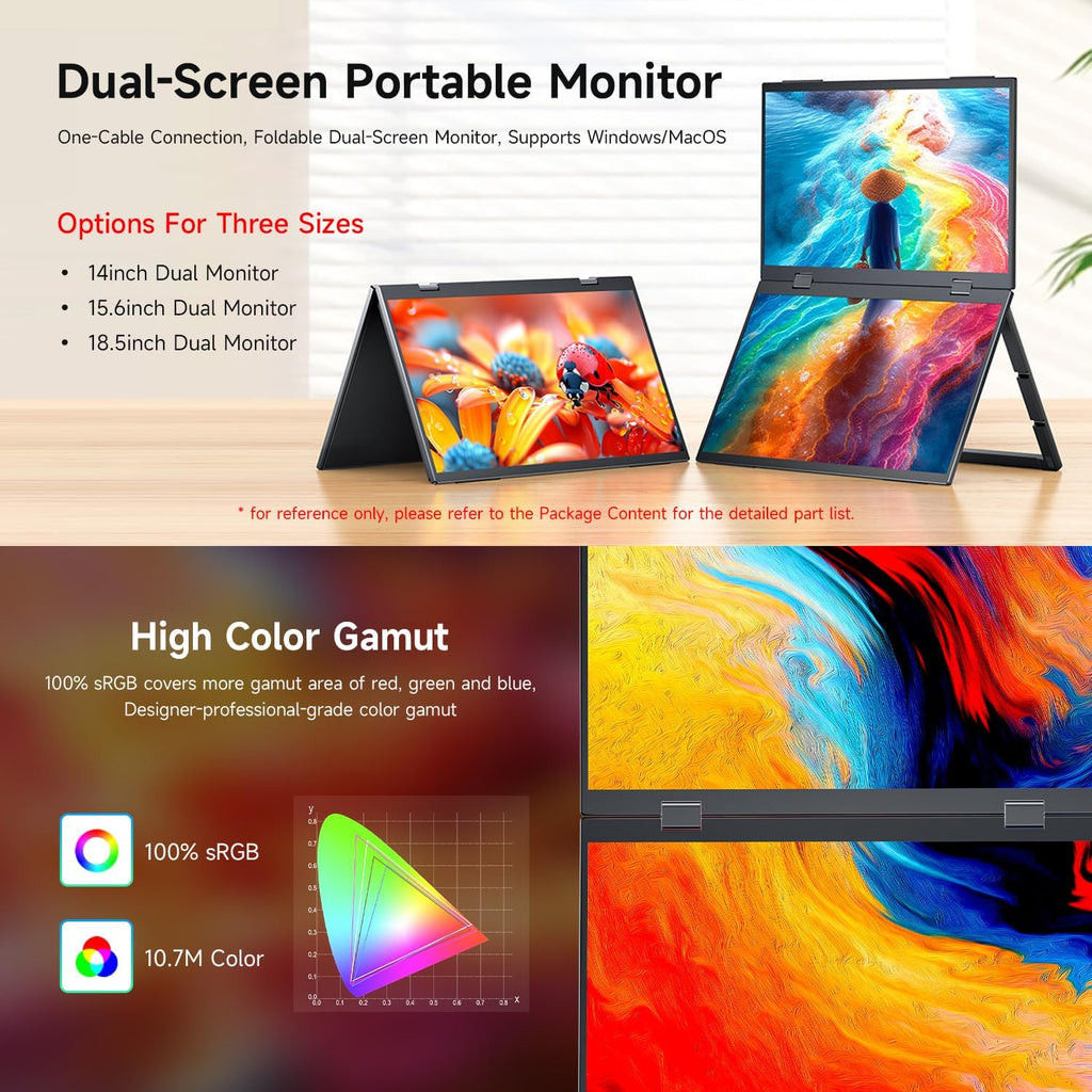 waveshare 14inch Dual-Screen Portable Monitor, Supports Windows/MacOS, Dual-1080p High Definition Foldable Screen, 100% SRGB, 178° Wide Viewing Angle, Built-in Gravity Sensor, Hi-Fi Speaker
