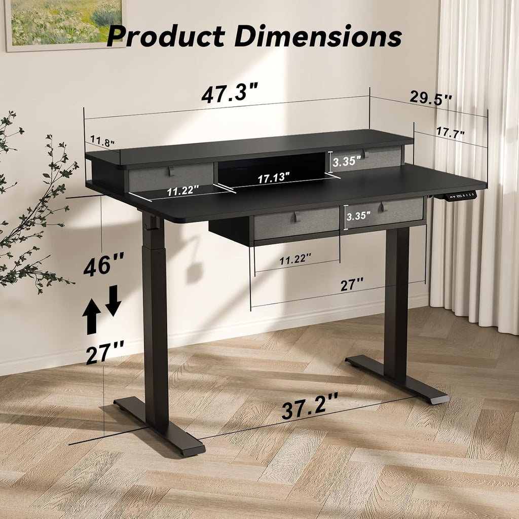 FiCiHi Adjustable Height Standing Desk with 4 Drawers,48 x 30 inches Electric Sit Stand Home Office Desk with Two Tiers, 3 Memory Presets, Monitor Stand Riser, USB A/C Charging Port