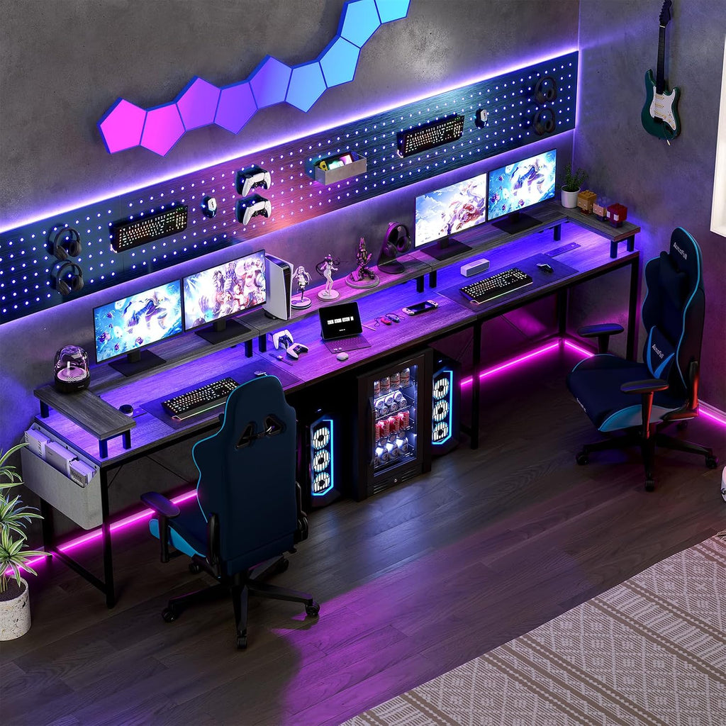 u Shaped Desk with Power Outlets & LED Lights, 79' Extra Large Reversible Corner Office Desk, Monitor Stand & Storage Shelves, Corner Computer Table Office Table with Full Monitor Stand
