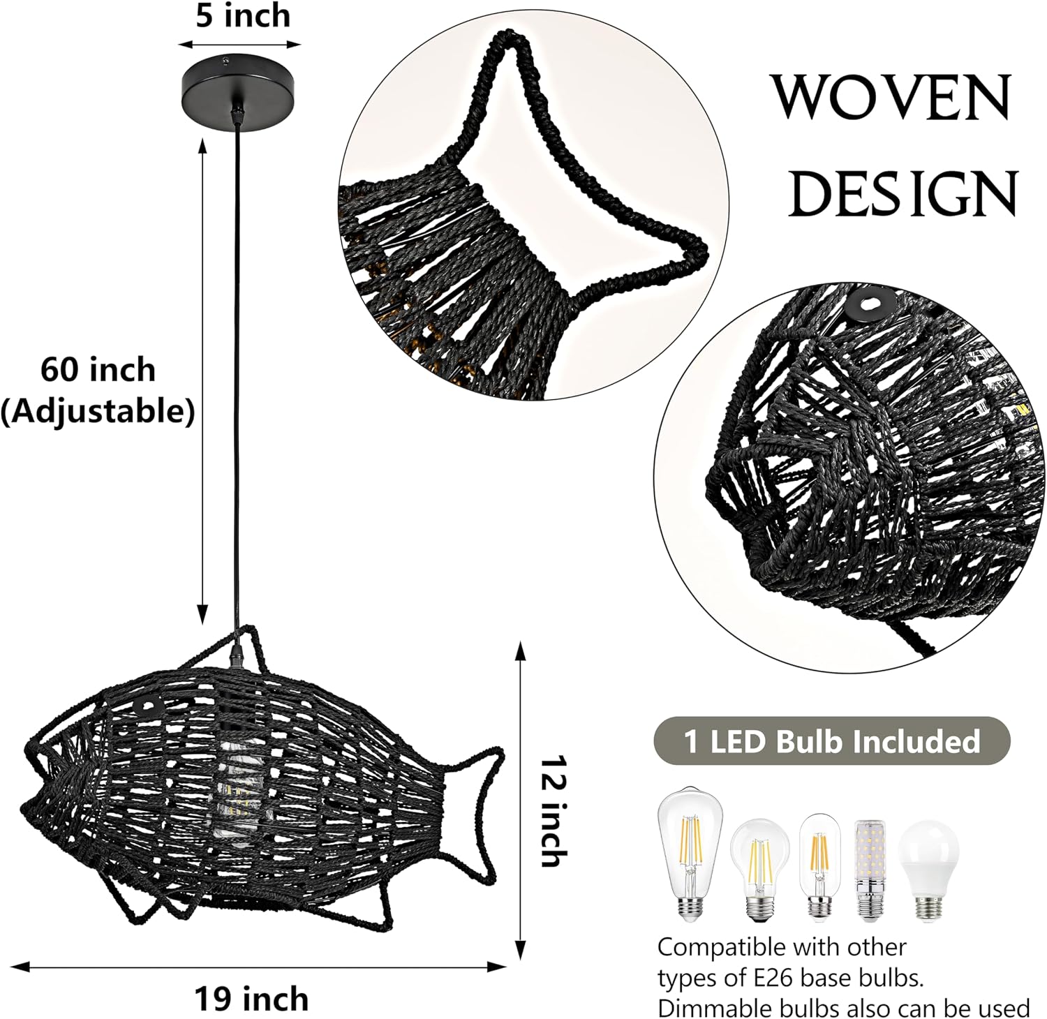 19 Inch Black Rattan Pendant Lights Boho Light Fixture Fish-Shaped Wicker Pendant Light Woven Pendant Light Hemp Rope Light for Dining Room Living Room Bedroom Kitchen Foyer(Bulb Included)