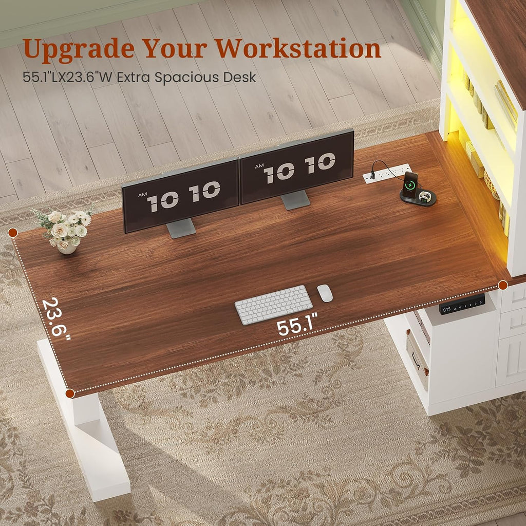 UPOSOJA Farmhouse Standing Desk Adjustable Height with 3-Tier Bookcase, 55' Executive Electric Office Desk, Sit Stand Computer Desk with Storage Shelves, File Drawers, Power Outlets, Led Light, White