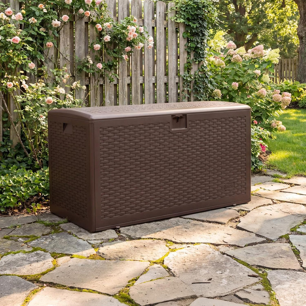 Garvee 99 Gallon Waterproof Large Resin Deck Box Indoor Outdoor, Lockable Storage Container for Patio Furniture Tools, Waterproof Deck Box Patio Storage Bin for Pool Garden, Brown