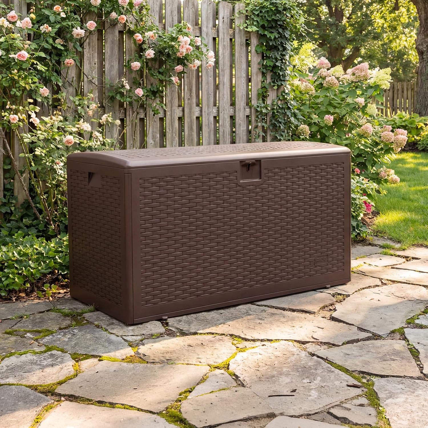 Garvee 99 Gallon Waterproof Large Resin Deck Box Indoor Outdoor, Lockable Storage Container for Patio Furniture Tools, Waterproof Deck Box Patio Storage Bin for Pool Garden, Brown