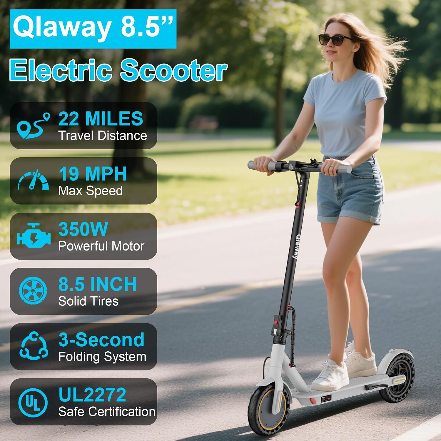 Qlaway 8.5' E Scooter for Adults 19/22 MPH 350/500W Motor 187.2/288.6/441WH Battery, Motorized Scooter Up to 22 Miles Range, Foldable Bearing 265 LBS/APP Control