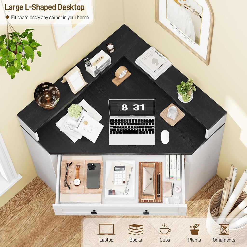 Corner Desk, Triangle Computer Desk Home Office Workstation with Drawer and Monitor Stand for Small Spaces Farmhouse Corner Vanity Table for Bedroom Study, Living Room (Rustic White and Black)
